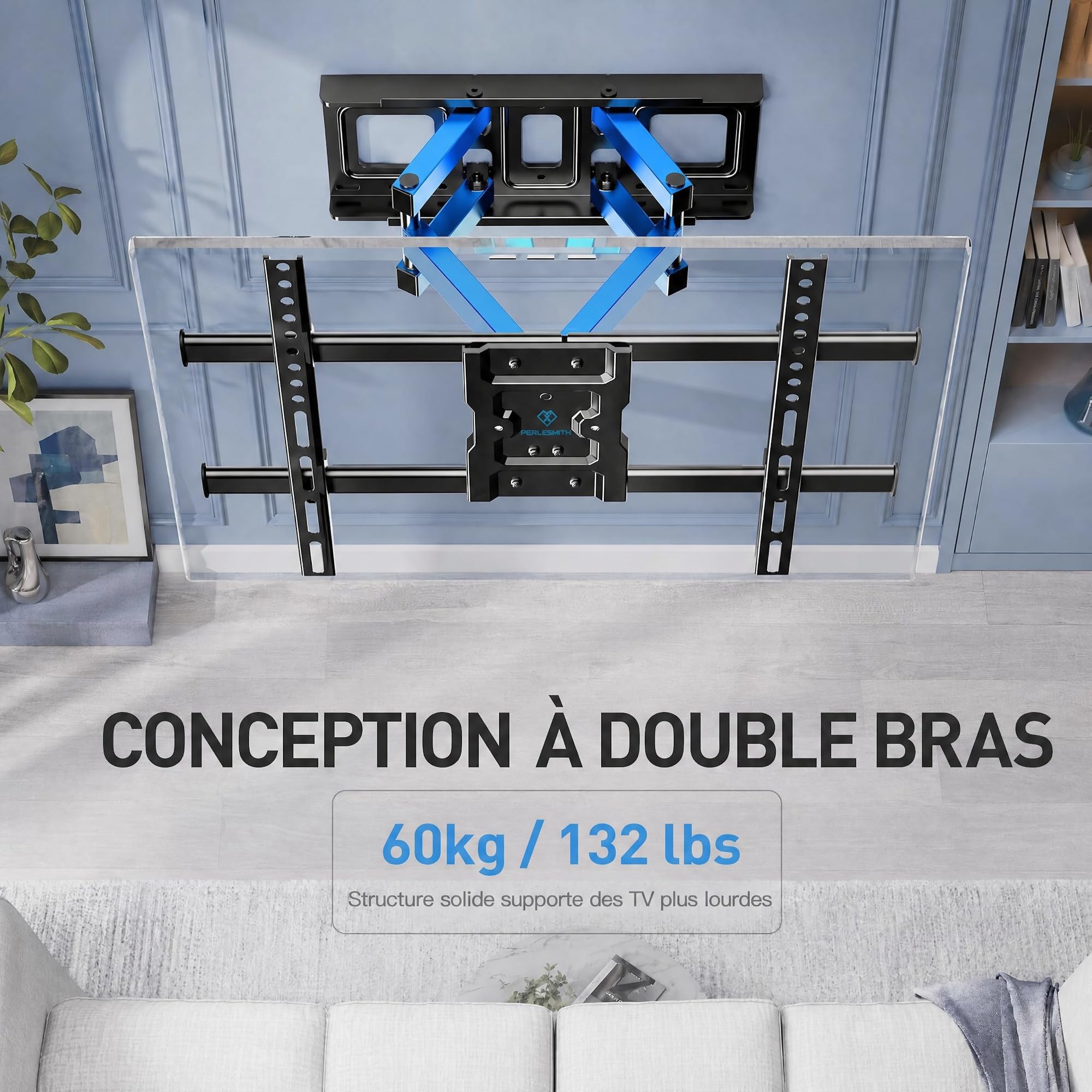 PERLESMITH Support Mural TV, pour 37-85 Pouces (94-216cm) TVs Jusqu'à 60kg | Double Bras Robuste, Fixation TV Mural Orientable et Inclinable 55 65 Pouces, Max VESA 600x400mm