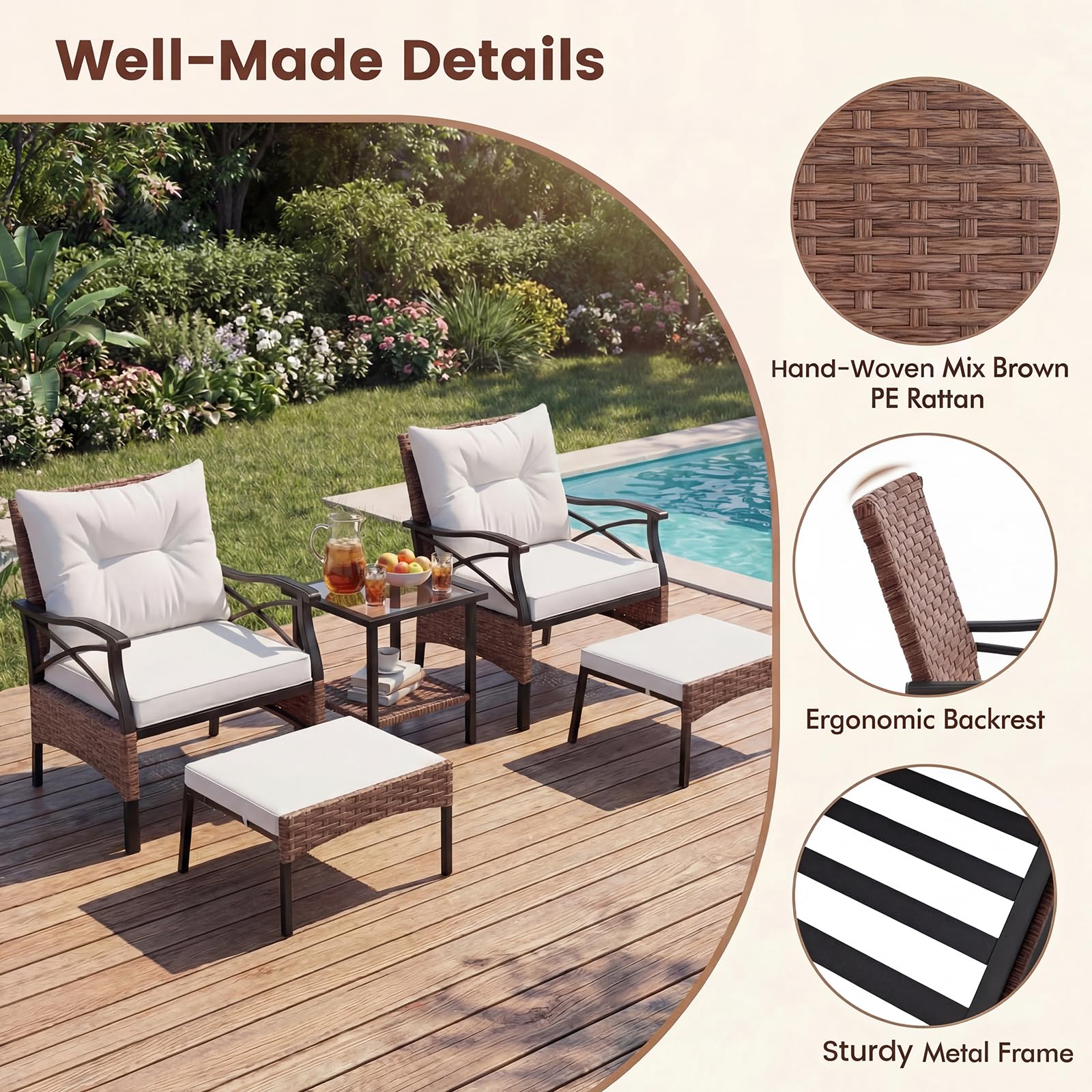 GIANTEX Conjunto Muebles Jardín Exterior de Ratán 5 Piezas, 2 Sillones, 2 Otomanas y Mesa de Vidrio, Cojines Extraíbles, para 2-4 Personas, Juego de Conversación para Patio Terraza (Marrón+Beige)