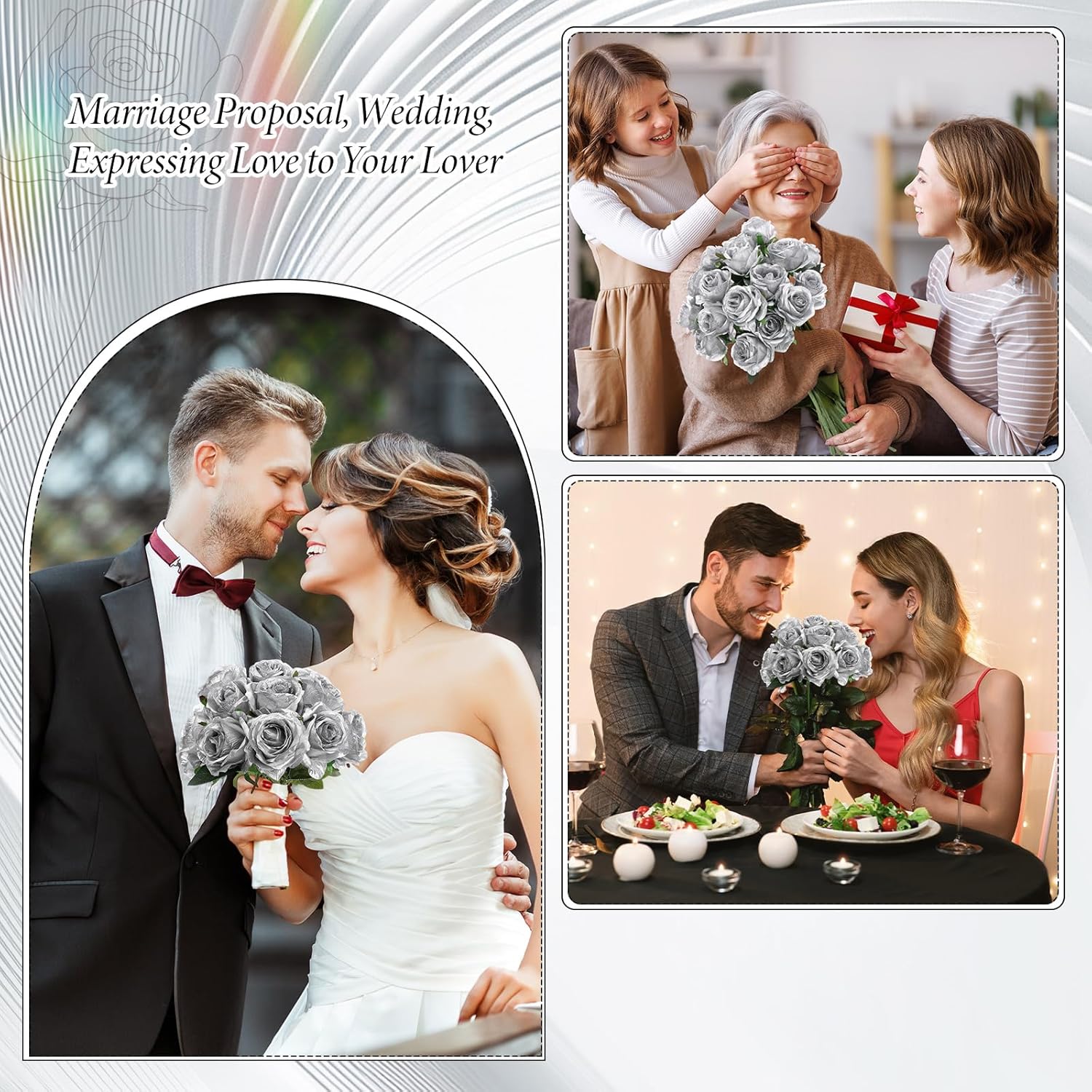 Hotop 20 Pcs Artificial Rose Flowers with Long Stem,Real Touch Silk Realistic Plastic Bouquet Roses Bulk for Home Decor Bridal Wedding Party Table Centerpieces Decorations (Silver)