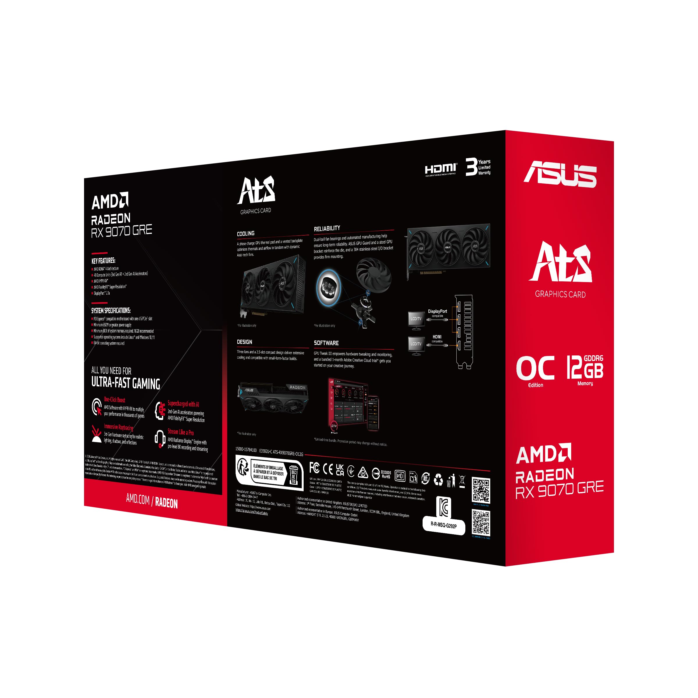 ASUS ATS - Scheda grafica Radeon RX 9070 GRE OC Edition (PCIe 5.0, HDMI/DP 2.1, design a 2,5 slot, ventole assiali tech, cuscinetti a doppia sfera per ventole, Dual BIOS, GPU Guard)