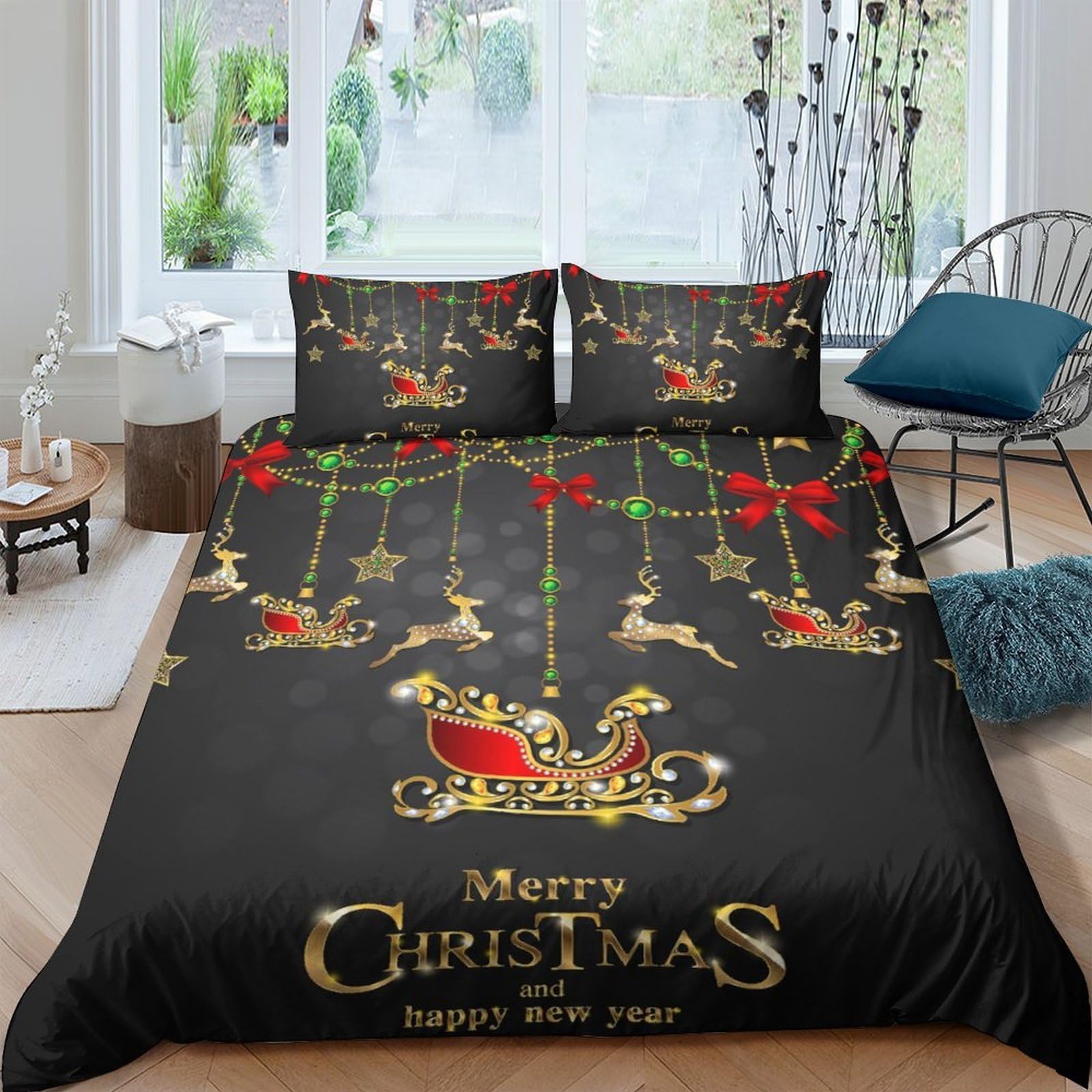GPLZQXKJNH 3D Printed Christmas Reindeer Duvet Cover Set Microfiber Black Festive Bedding with 2 Pillowcases for Bedroom Decoration Single（135x200cm）
