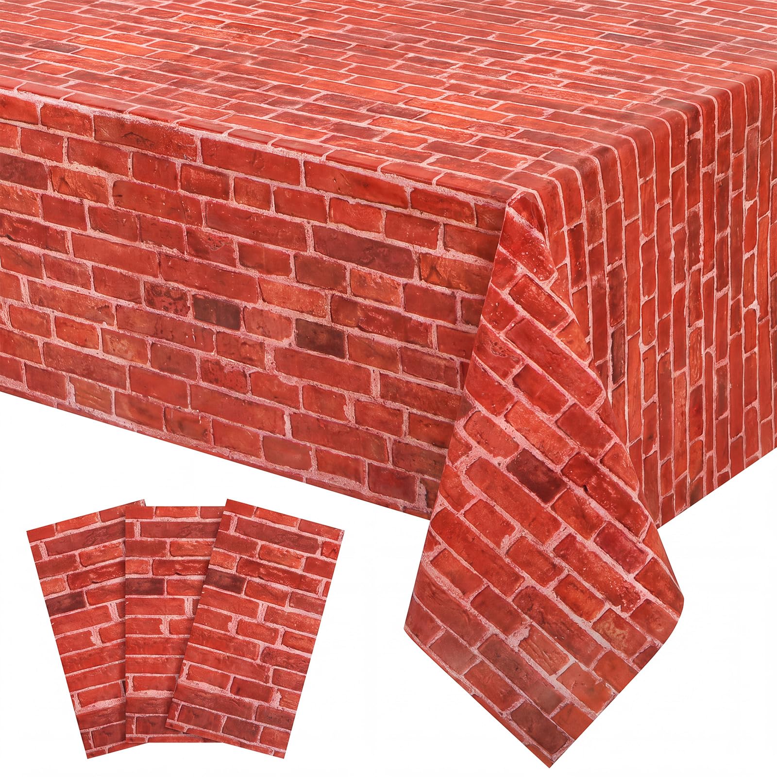 3 Pack Red Stone Wall Plastic Tablecloth, Medieval Castle Party Decoration