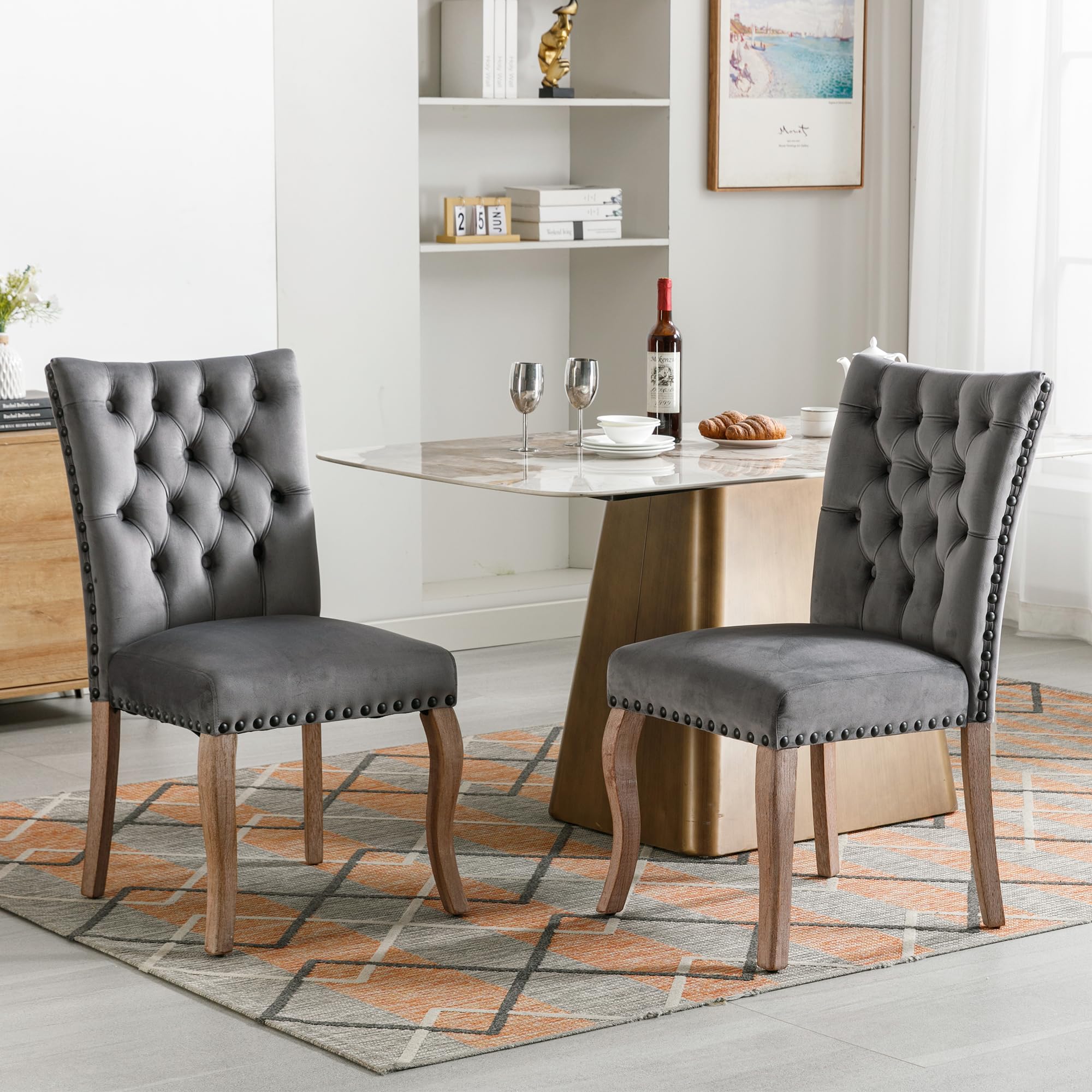 Silla de comedor (silla de cocina, silla de salón con aldaba única en la parte trasera), silla tapizada con cabeza de clavo, patas de madera maciza, funda de terciopelo, gris, 2 unidades