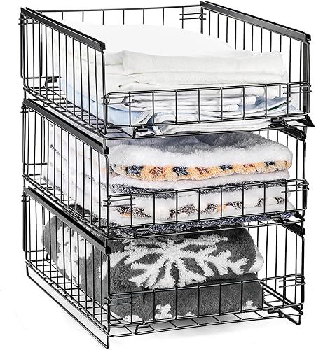 Paquete de 3 organizadores deslizantes de armario, estantes de almacenamiento de cajones apilables de metal, contenedores plegables de