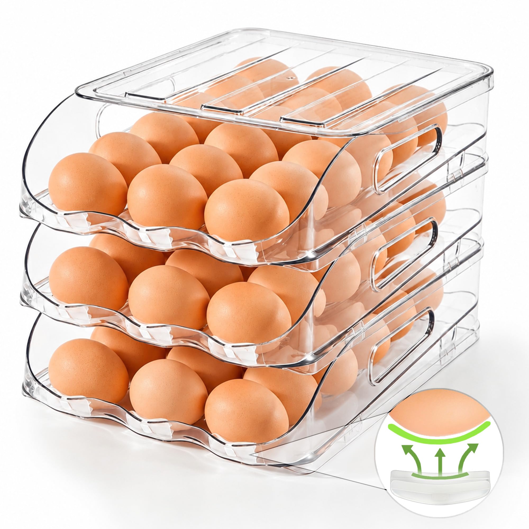 SMRCAD Soporte para huevos para nevera, dispensador automático de huevos con parachoques de silicona y asa para refrigerador, organizador de huevos de gran capacidad con tapa
