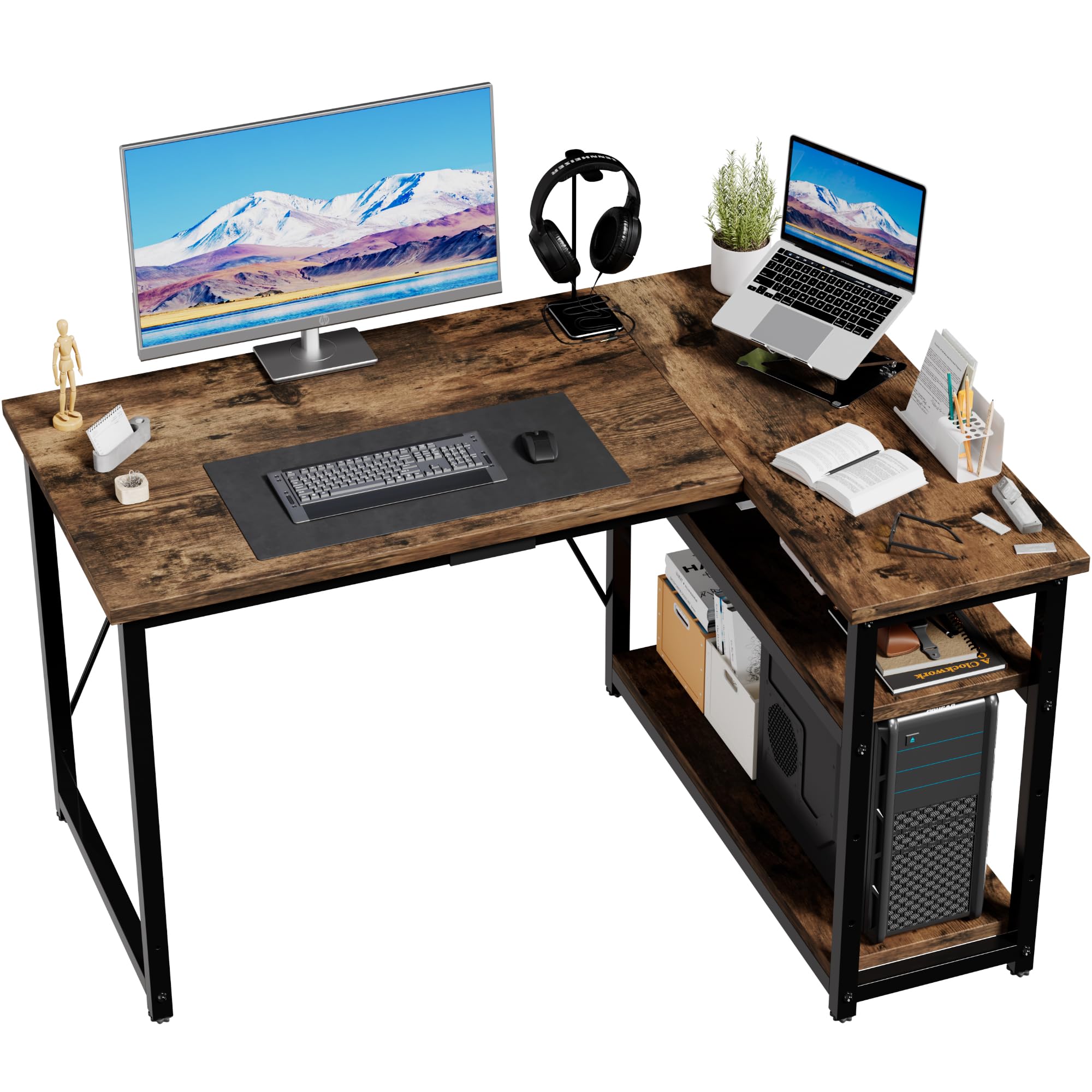 JUMMICO Bureau d'angle en L 120x80 cm pour Ordinateur avec étagères et séparateurs - Compact pour l'étude, Le Travail et Les Jeux, Idéal pour la Chambre à Coucher et Le Bureau - Design Moderne Marron