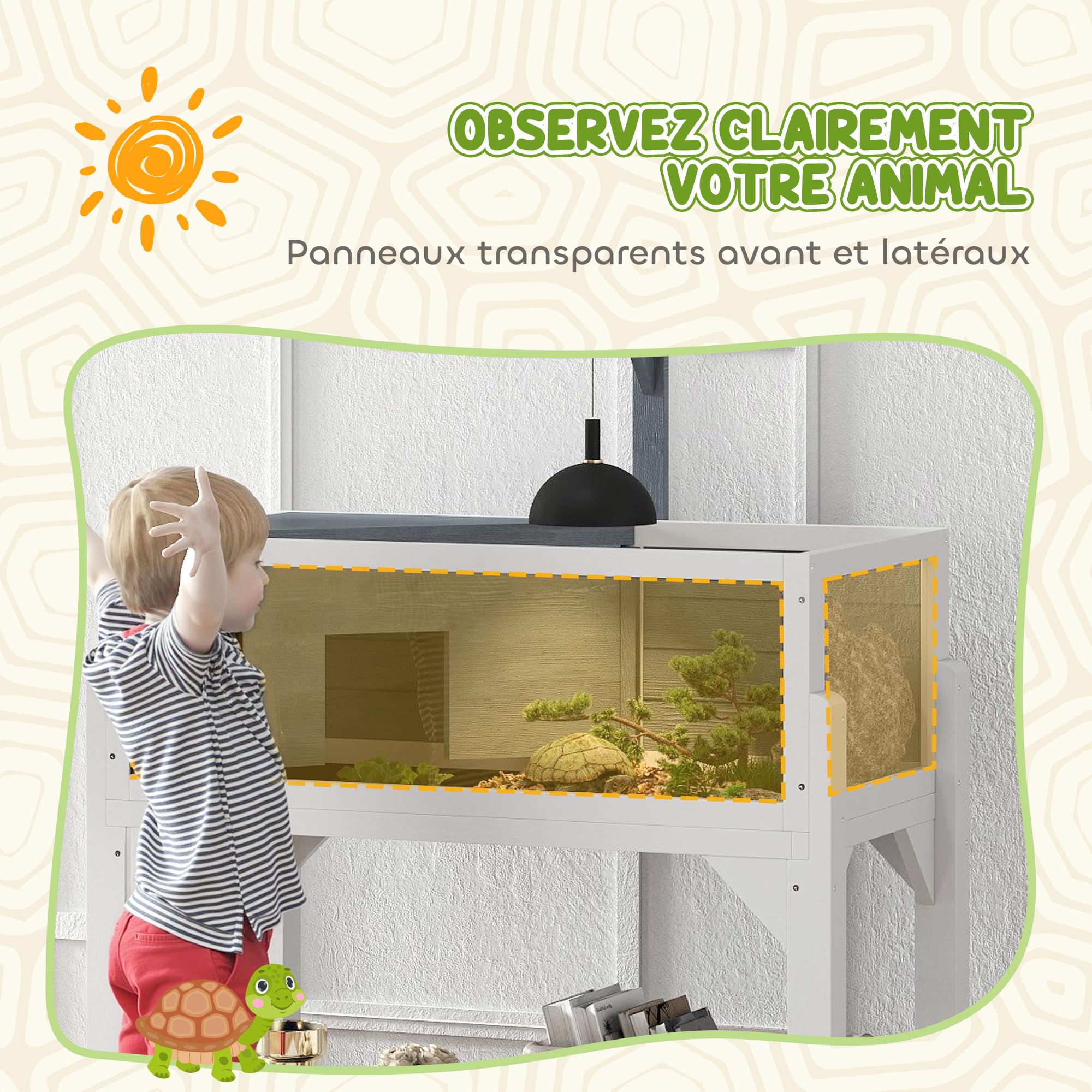 PawHut Casa para tortugas sobre patas de 2 zonas - Terrario para tortugas terrestres con techo corredizo y zona interactiva - recinto 90 cm, soporte lámpara, vista panorámica y estante - gris | Terrario Tortuga Terrestre, Techo Abatible, Zona Interactiva,
