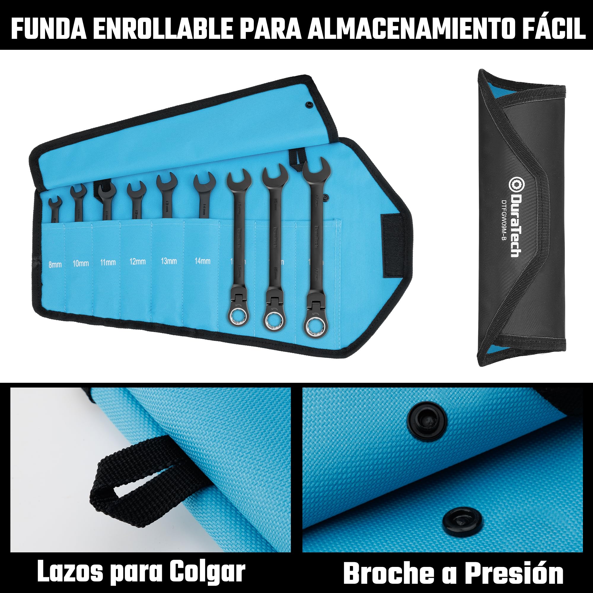 DURATECH Flex-Head - Juego de llaves de trinquete combinadas, 72 dientes, métricas, 9 piezas, 8, 10, 11, 12, 13, 14, 15, 16, 17 mm, revestimiento electroforético negro, acero CR-V, con bolsa rodante