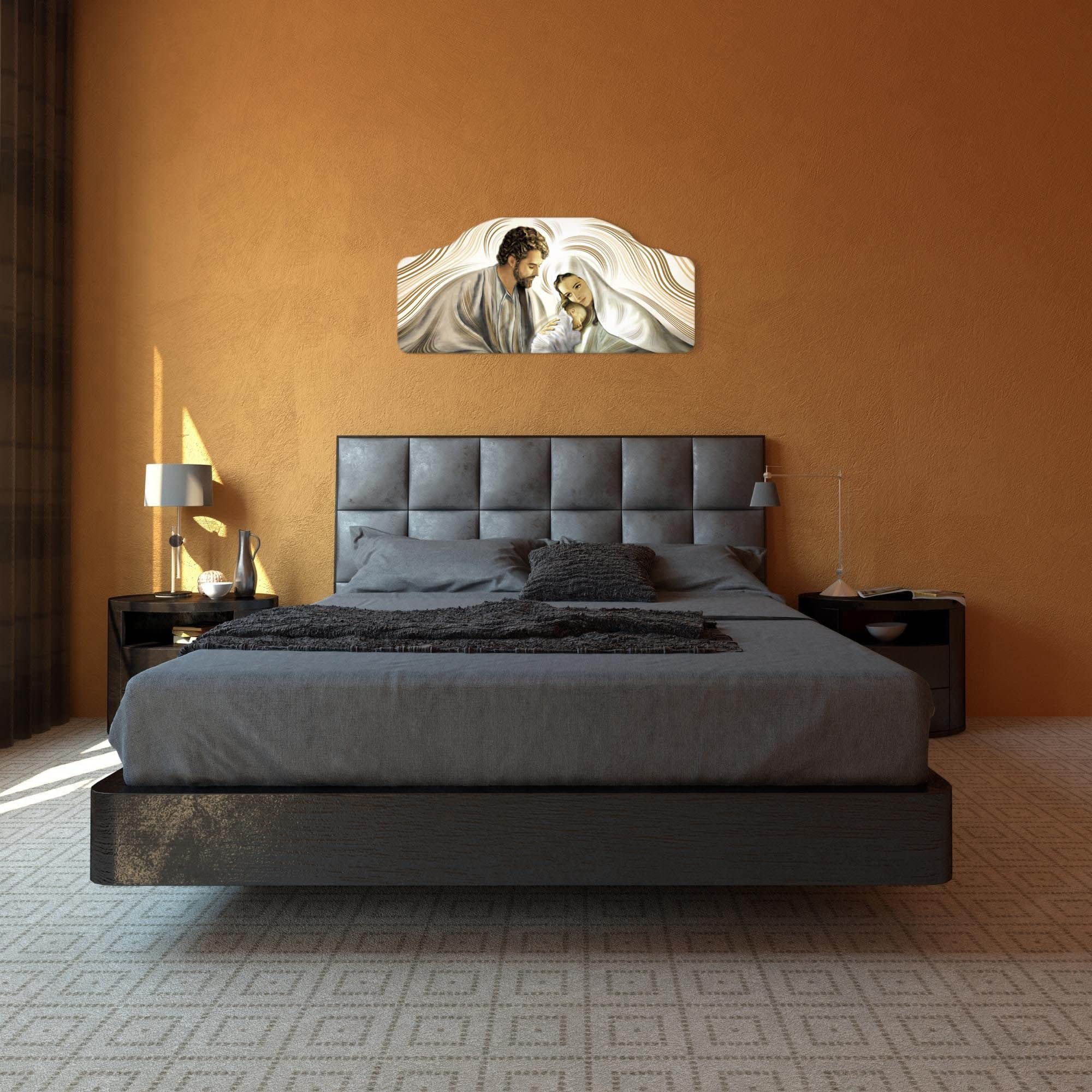 Lupia - Quadro Moderno Capezzale Nativity Brown Sacra Famiglia, Stampa su Legno, Artigianale 100% Made in Italy, Multicolore, 42 x 92 cm, Legno