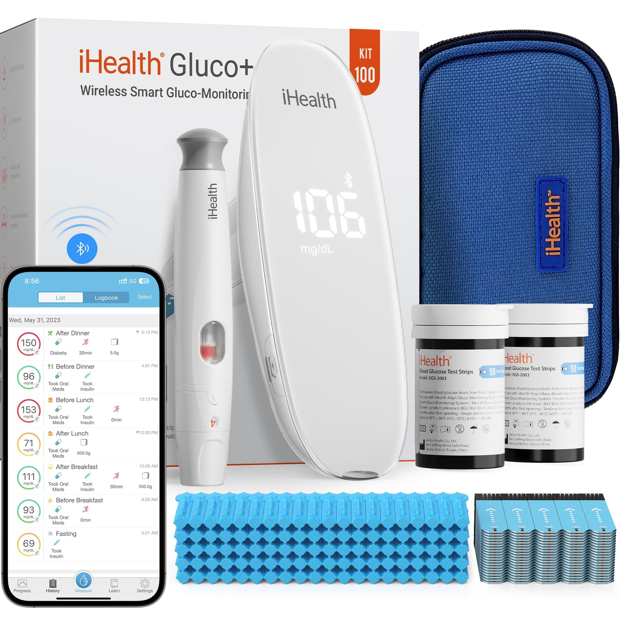 Gluco+ Wireless Smart Blood Glucose Monitor Kit with Free App, 100 Glucometer Strips, 100 Lancets, 1 Blood Sugar Monitor, 1 Lancing Device, Portable Diabetes Testing Kit for Home Use