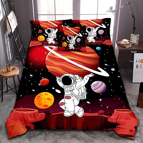 Tasselily Juego de edredón de tamaño matrimonial para niños, juego de ropa de cama de astronauta del espacio exterior en una bolsa, juego de edredón