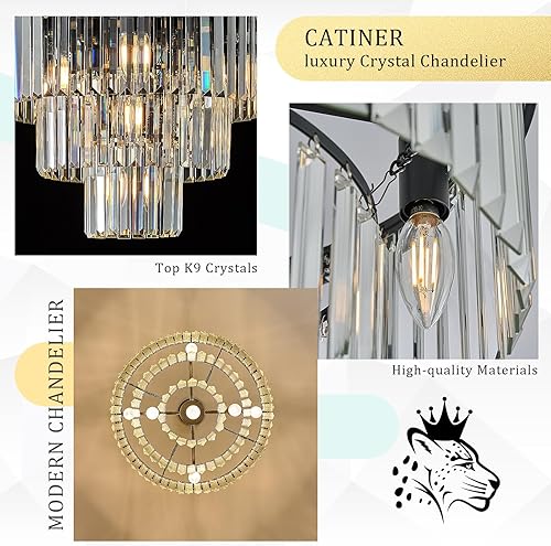 Miniatura 5 de Candelabros de cristal negro, lámparas modernas de 20 pulgadas para comedor, 3 niveles, 7 luces, colgante de techo de cristal K9, lámpara redonda