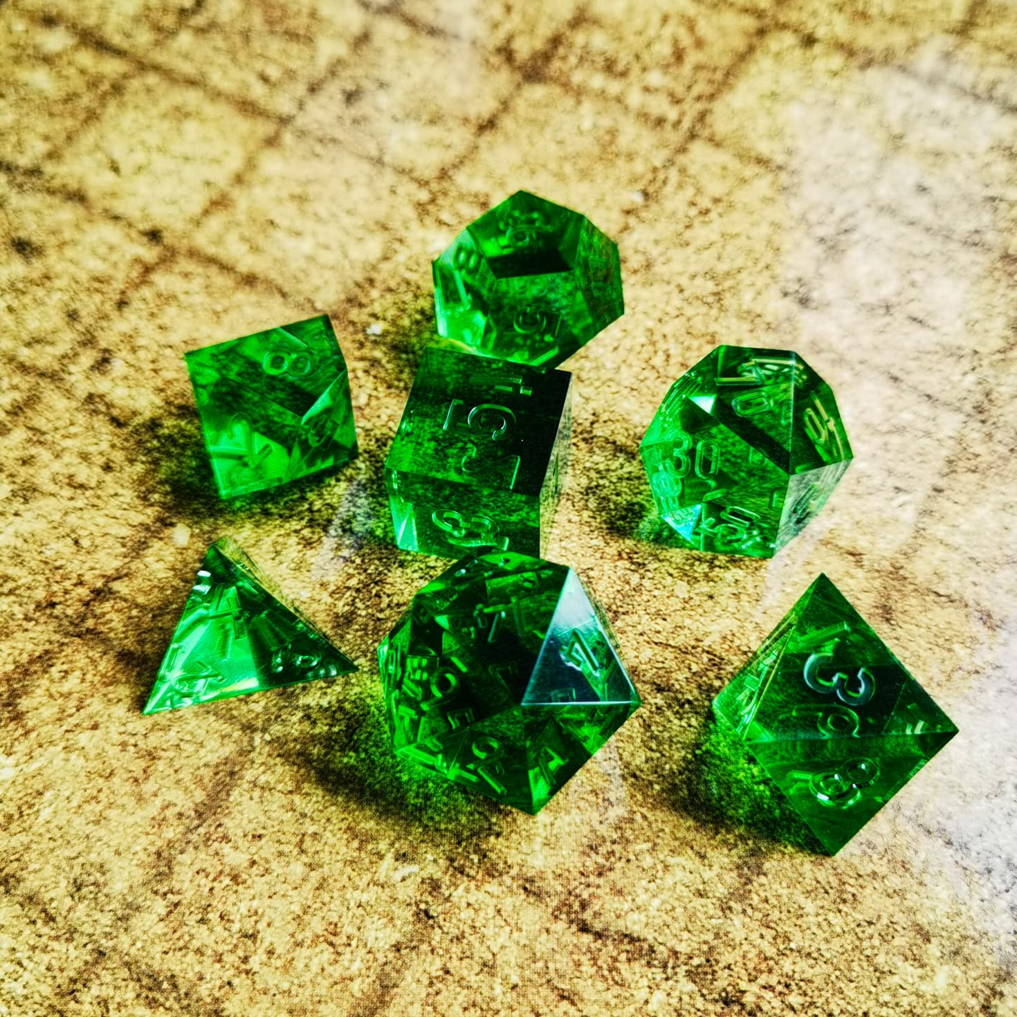 Bescon Crystal Clear (Unpainted) Sharp Edge DND Dice Set of 7, Razor Edged Polyhedral D&D Dice Set for Dungeons and Dragons Role Playing Games, Emerald Color - Image 2