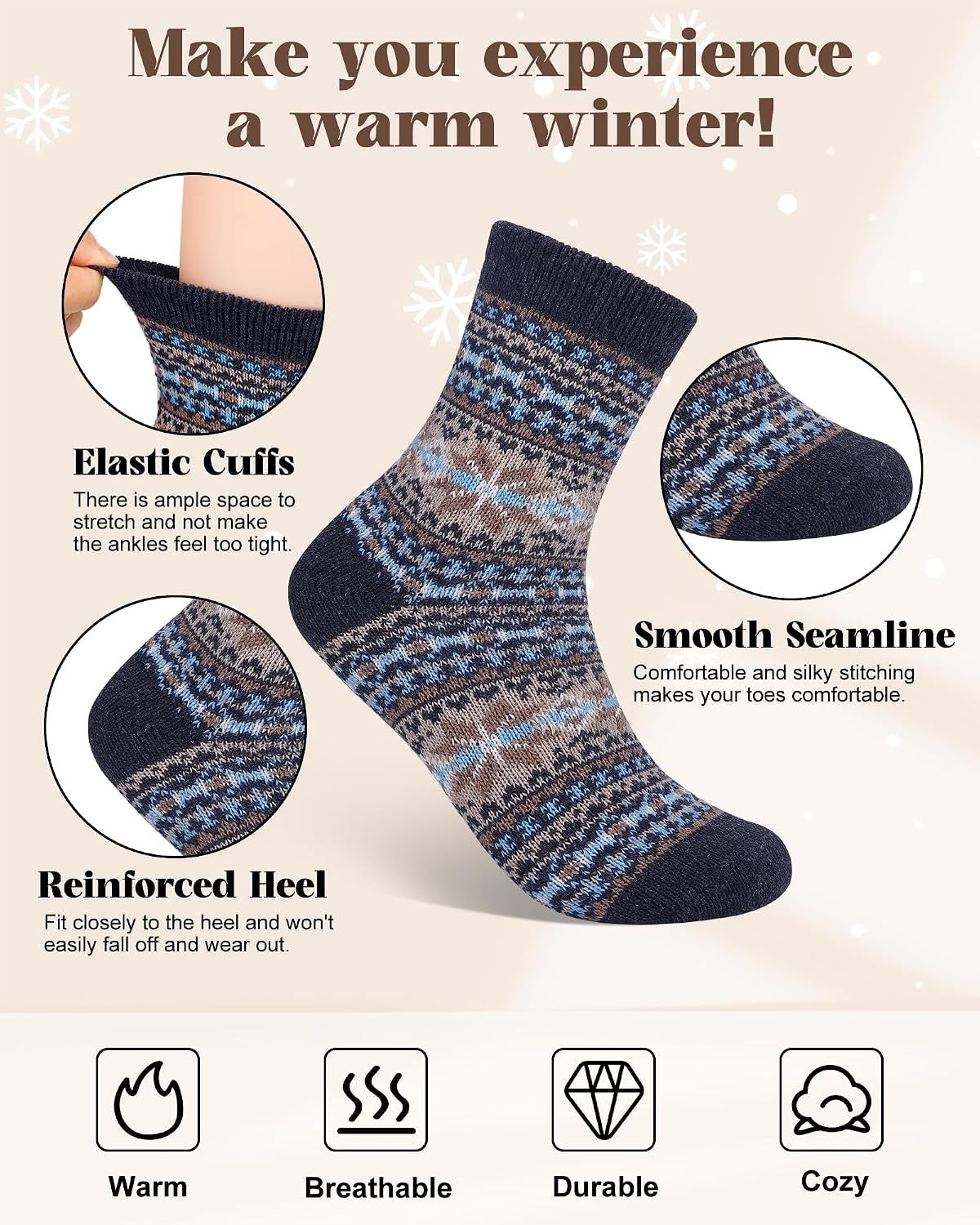  Wool Socks for Women, 5 Pairs Winter Warm Crew Boot Socks thumbnail