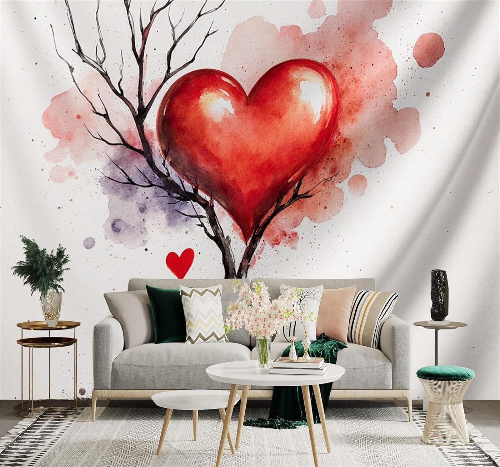 XLMING Abstract Branches Red Art Watercolour Heart Shaped Tree 3D Wallpaper Premium Textured Silk Study Dining Living Room Bedroom Sofa TV Wall Easy Install-350cm×256cm