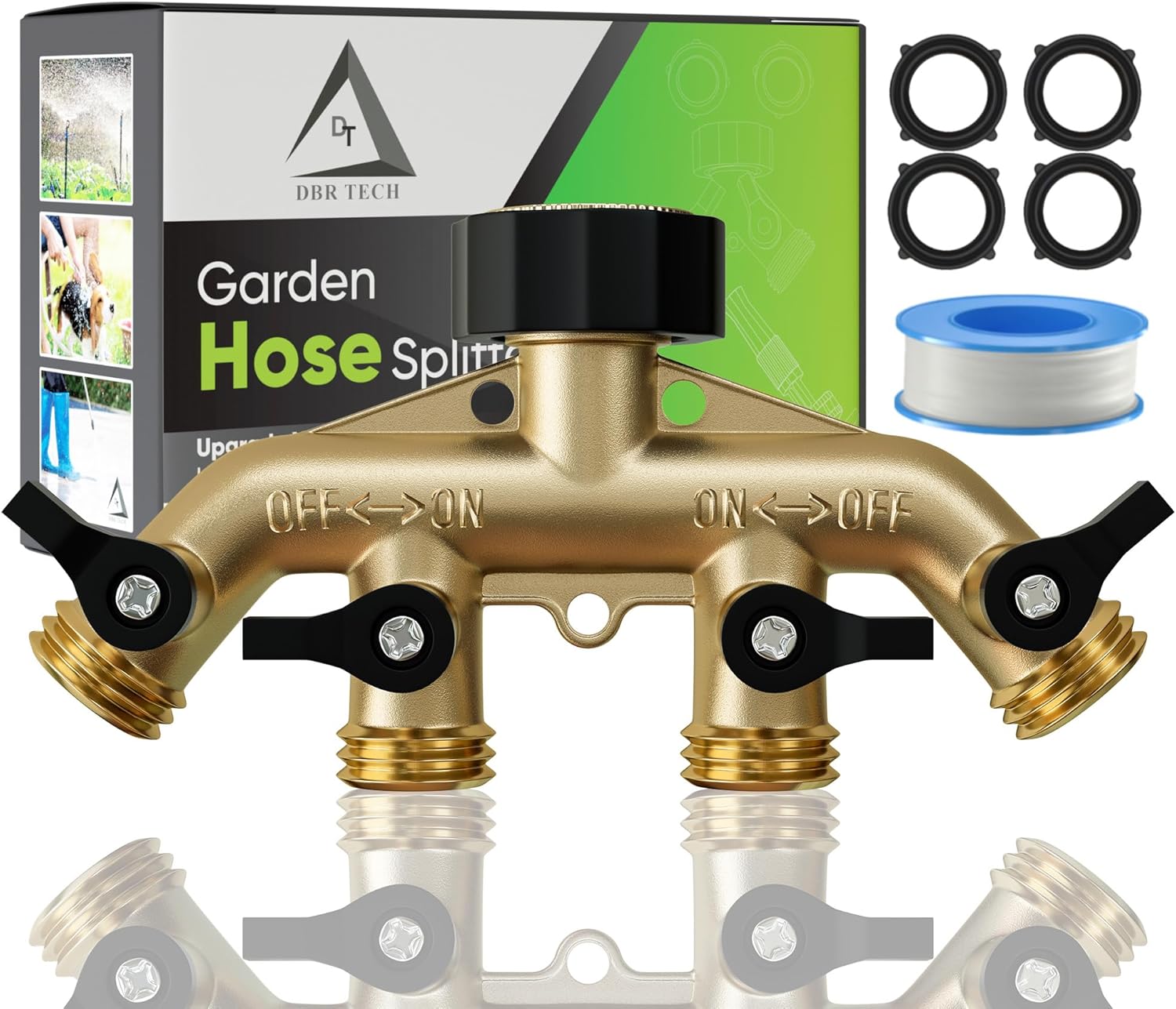 DBR Tech® Heavy Duty 4 Way Hose Splitter (Premium Brass for Superior Durability), Wye Garden Hoses Connector for Water Spigot Faucet Bib Tap, Y Adapter, Rust-Resistant Finish