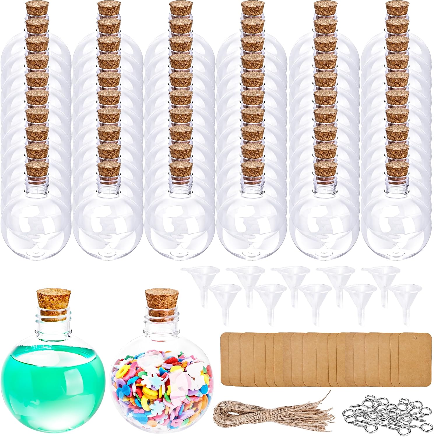 60 Set Plastic Potion Bottles with Corks Mini Clear Sand Art Jar with Funnels Eye Screws Small Lanyards Kraft Paper Labels for Easter DIY Home Decoration Wedding Birthday Party Favors