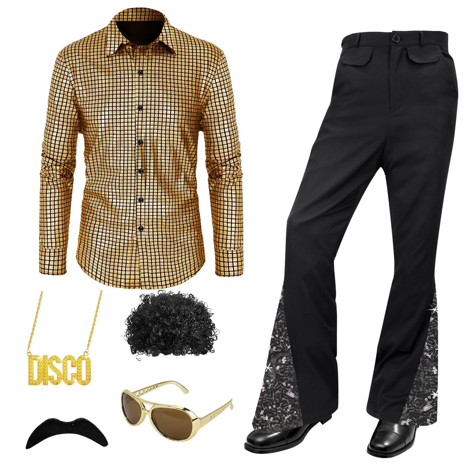 JTKDG 6PCS 70s Disco Costume Set Hippie Men Outfit with Bell Bottom Pants Shirt for 50s 60s 70s Cosplay Halloween Party (Gold, M)