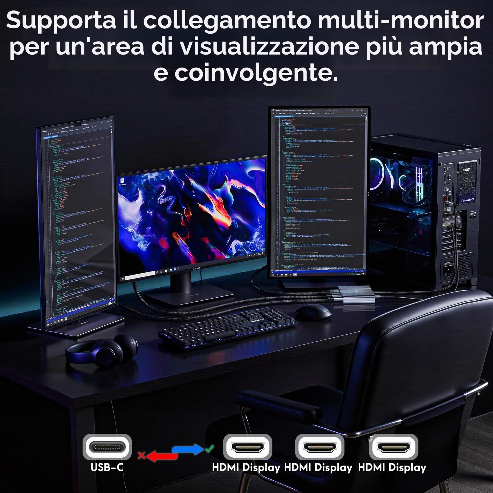 Adattatore da USB C a 3 HDMI con PD 100W, 4K a 60Hz HDMI Splitter Display esteso 1 in 3 Out per multi-monitor, compatibile con laptop, PC, scheda grafica USB-C - MACOS non supporta MST