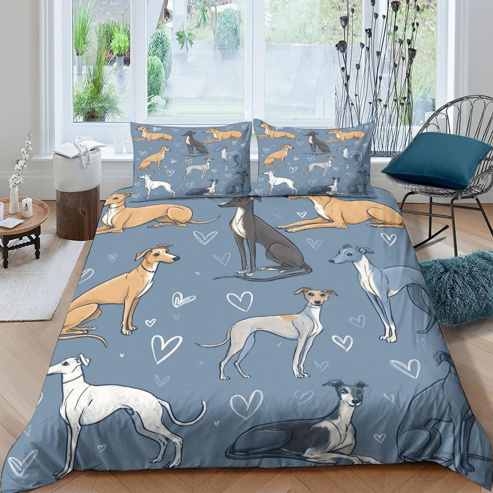 3D Ultrasoft Microfibre whippet dogs Quilt Cover Set All Season Bedding Set w/ Pillowcases cartoon illustration style Bed Quilt Cover Easy Care Breathable Washable for Couples Single（140x200cm）