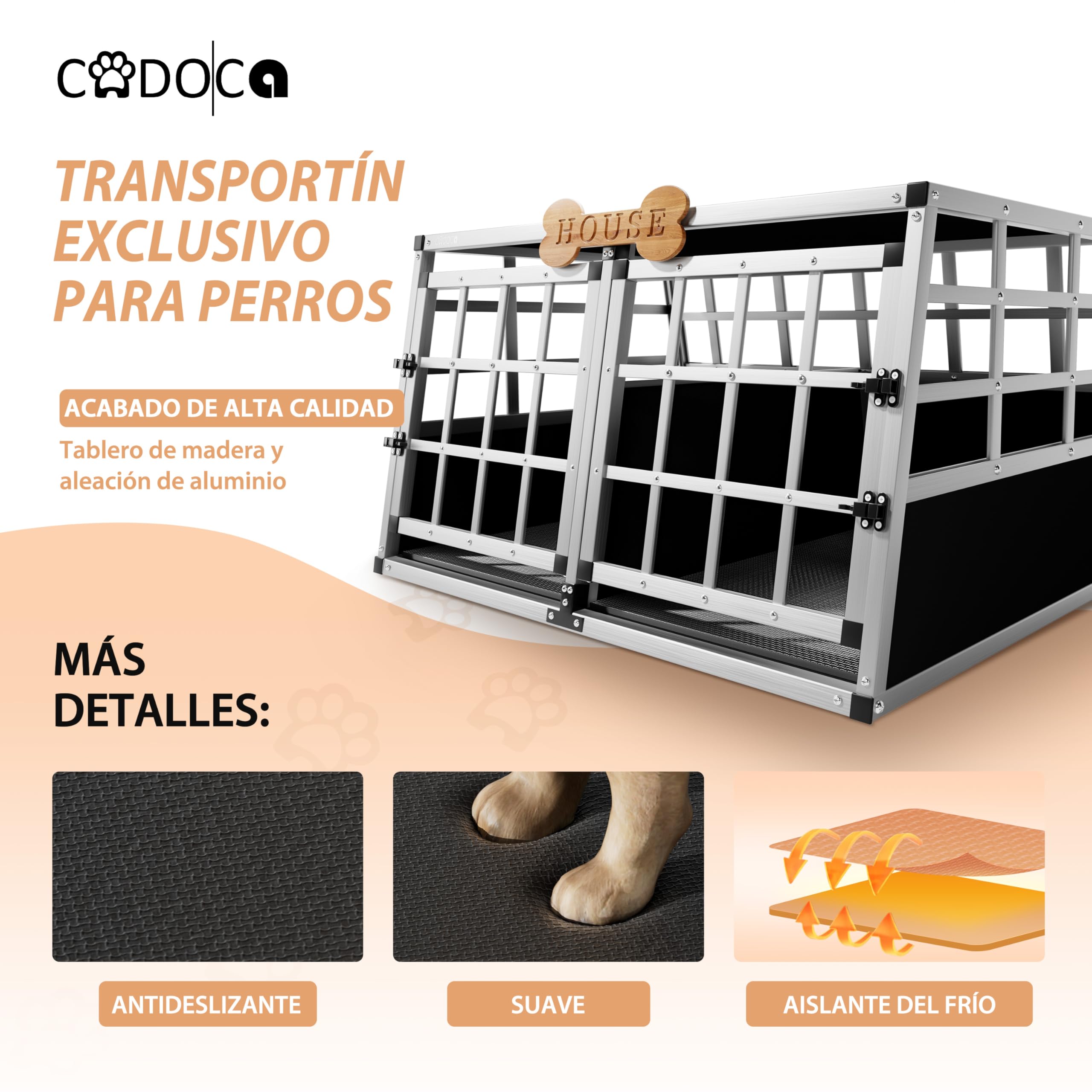 CADOCA® Transportín Perro Pequeño Grande Jaula Perros Aluminio Pared Divisoria Puerta Cerradura Mascotas Protección Viaje Coche Camping 89x70x51cm