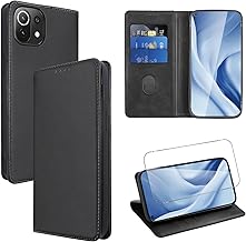 Vauki Leather Case for Xiaomi 11 Lite 5G NE/Mi 11 Lite 4G/5G Mobile Phone Case with 1 Protective Film, Stand Function, Card Slot, Wallet Protective Flip Cover, Shockproof Flip Case for Xiaomi 11 Lite