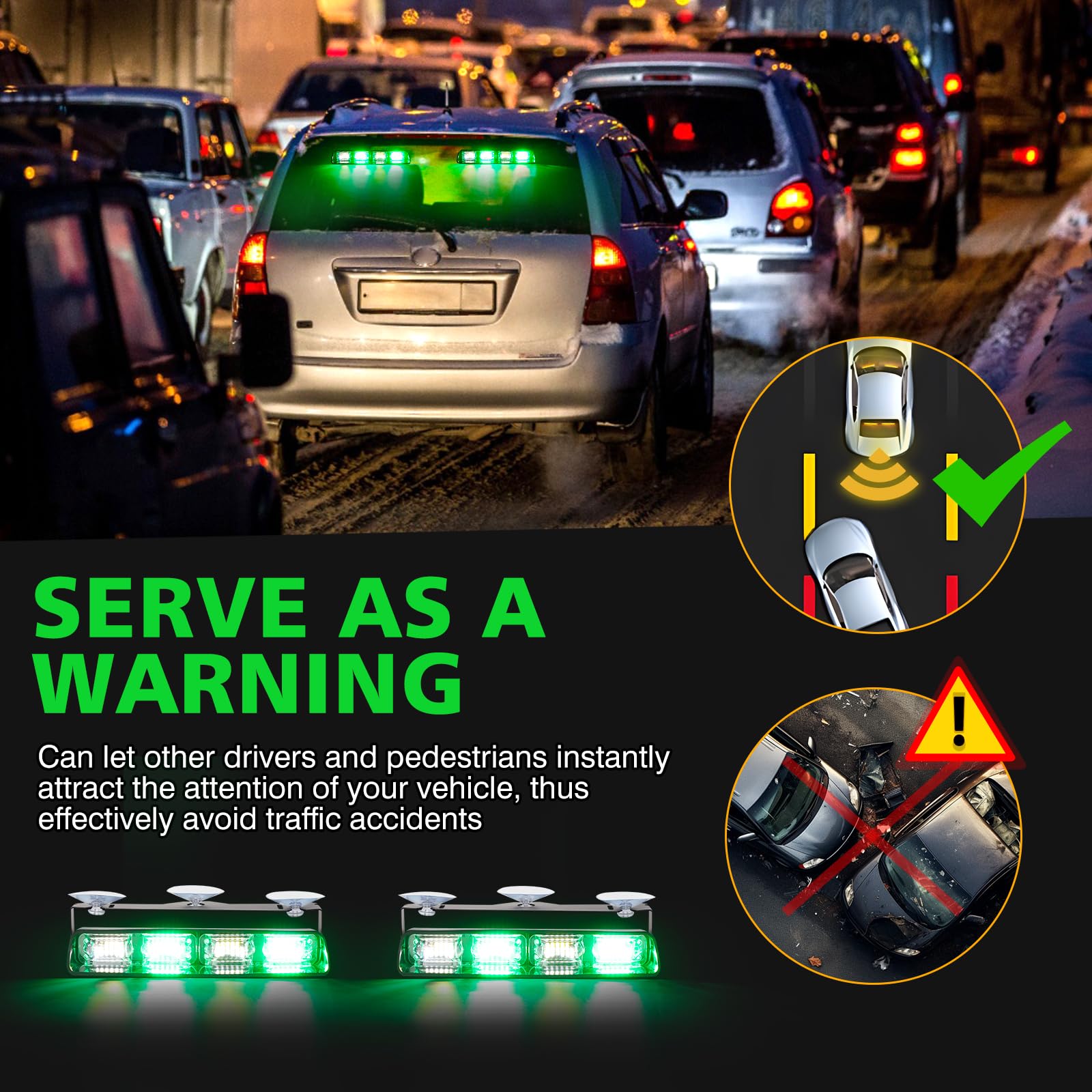 OPP ULITE Dash Strobe Lights 2 in 1, 48pcs Led, 26 Flash Mode, Memory Function, DC 12V-24V Front/Rear Windshield Emergency Flashing Warning Light Bar for Vehicles Trucks, White Green