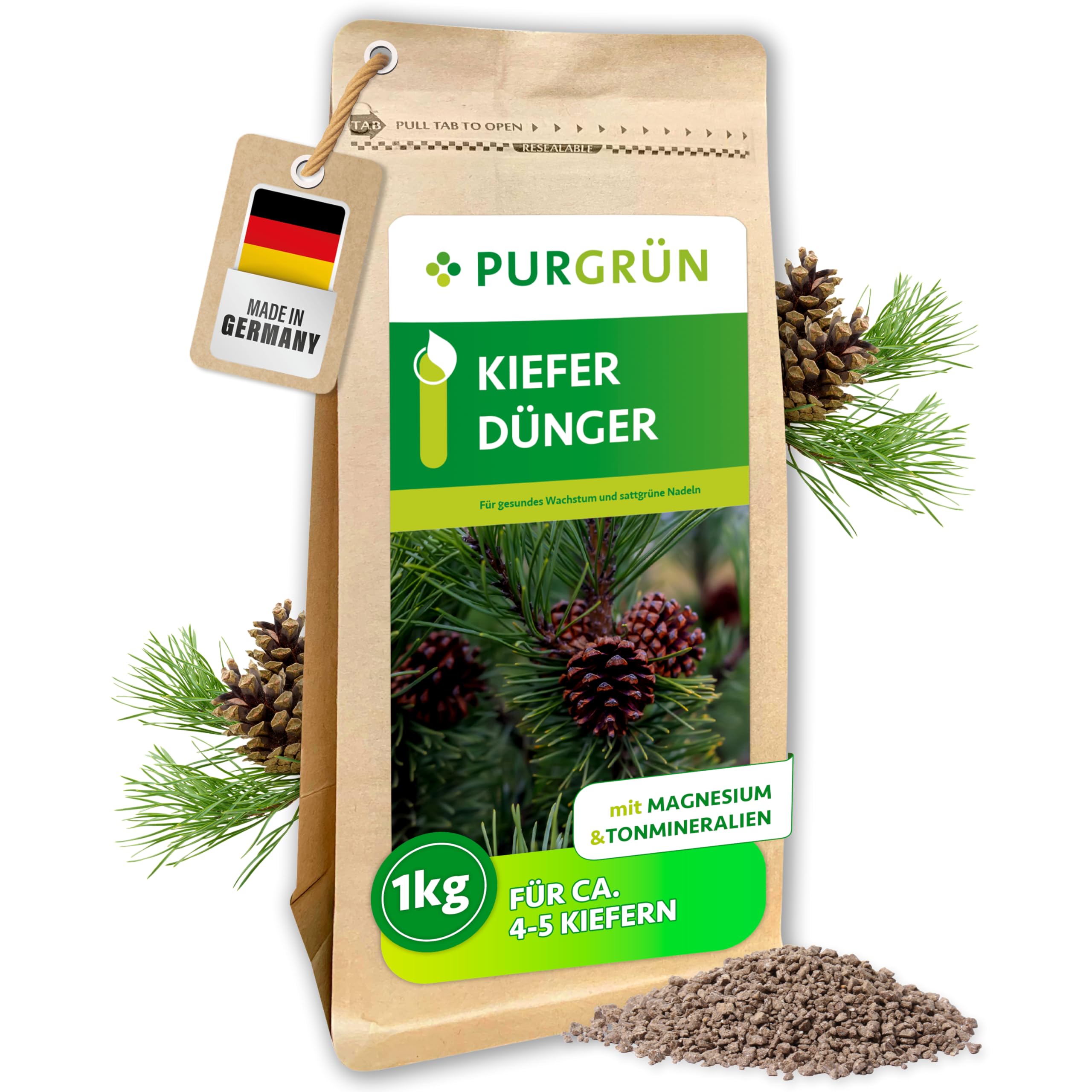 Kiefer-Dünger 1 kg – Extra Magnesium für schützt vor Nadelverfärbungen – Verbessert die Bodenqualität mit Tonmineralien – Erhöht die Widerstandskraft – Granulat für 5-6 Kiefern – chloridarm