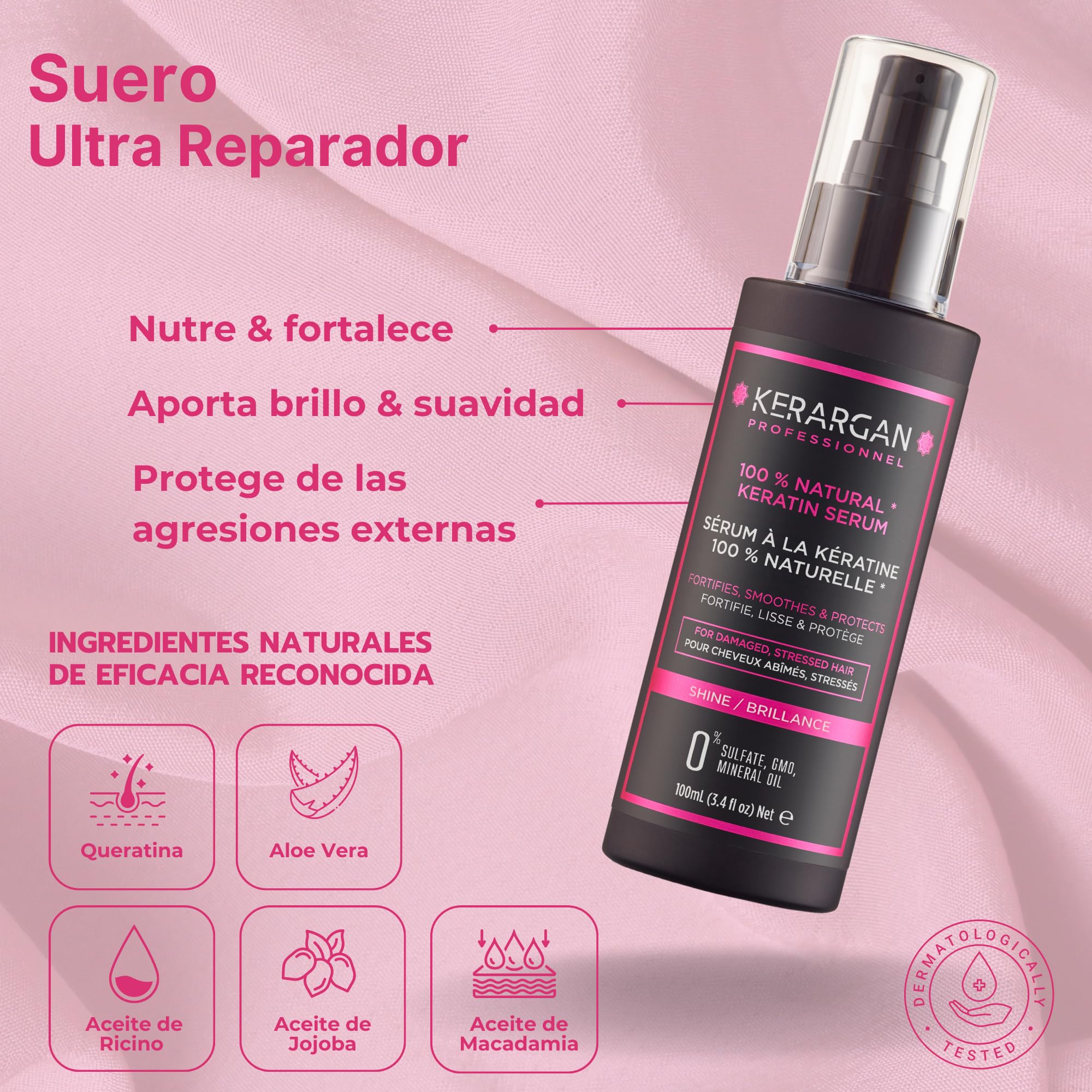 Kerargan - Kit Completo Ultra Reparador con Queratina Para Cabello Dañado y Estresado - Fortalece, Protege - Sin Sulfatos, Parabenos, Siliconas - 3x500ml + 100ml + 350ml + 250ml