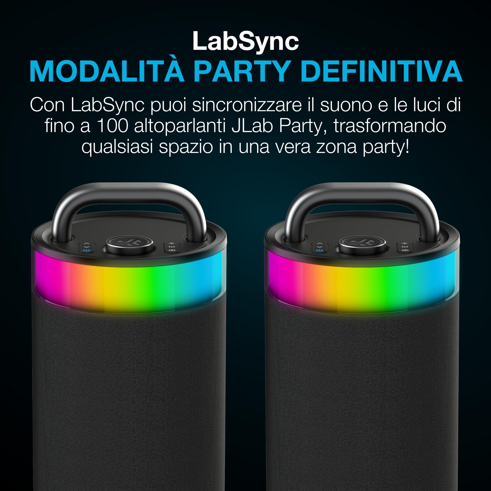JLab Epic Party Altoparlante Bluetooth Portatile 100W - 16+ Ore, Nero | Cassa Wireless con Luci RGB & Suono 360 Gradi, IP56 Resistente Acqua, EQ Personalizzato
