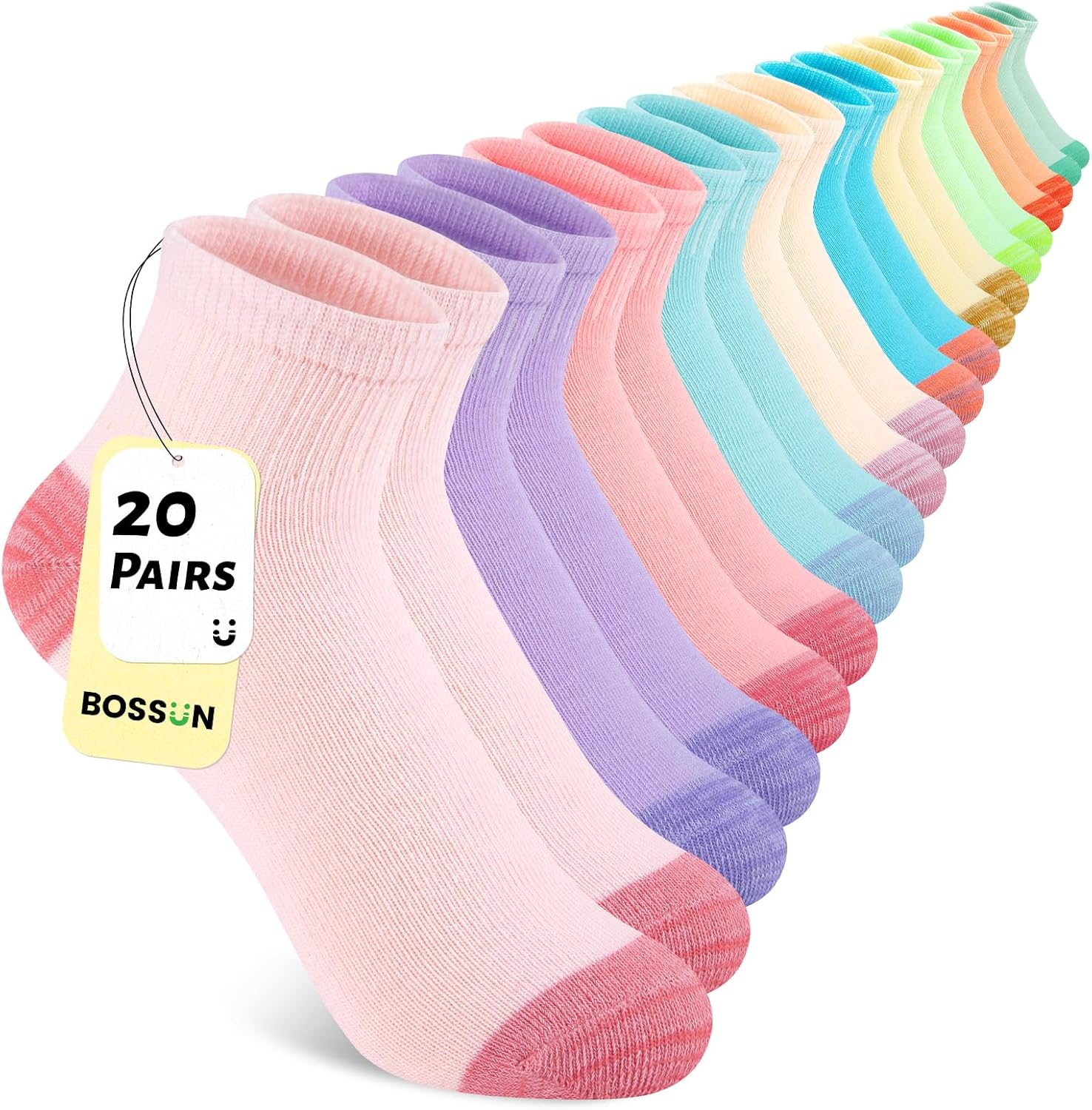 20 Pairs Girls Ankle Socks, 6-8/8-10/10-12 Years Old, Color&White Socks for Kids, Comfortable Little Girls Sock