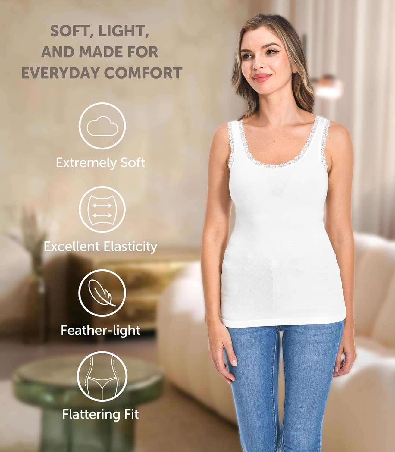 Comfneat Women's 3-Pack Sleepwear Lace Trim Tank Tops Stretchy Undershirts - Image 2