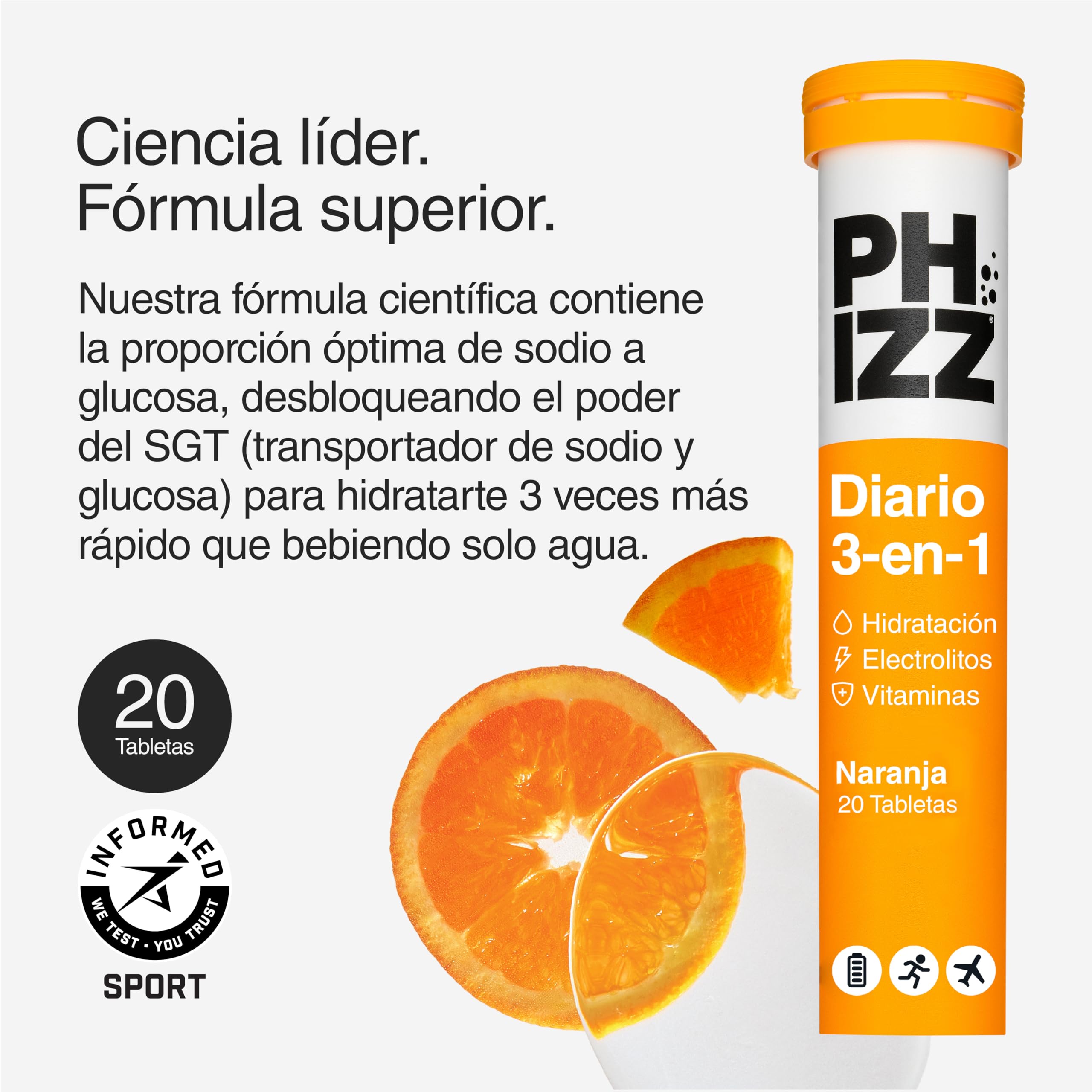 Phizz Electrolitos, Multivitaminas e Hidratación Efervescente 20 Comprimidos - 18 Vitaminas y Minerales, Vitamina C, Vegetariano y Bajo en Calorías (Naranja, 20 Pastilla)