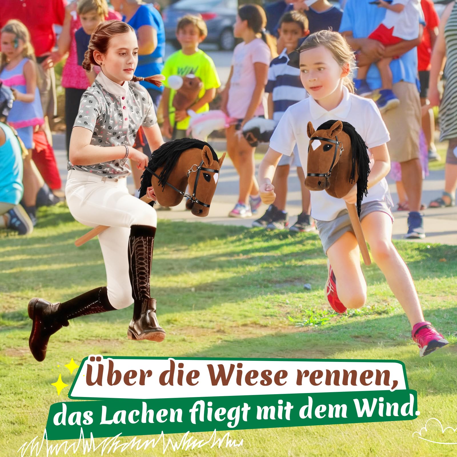 Charmofun Hobby Horse, A3 Kopfgröße Steckenpferd Kinder, Hobby Horsing mit Weichem Plüschhalfter, Fließendem Schweif & Verstellbarem Schultergurt, Perfekt für Garten, Geburtstag Grau (Braun)