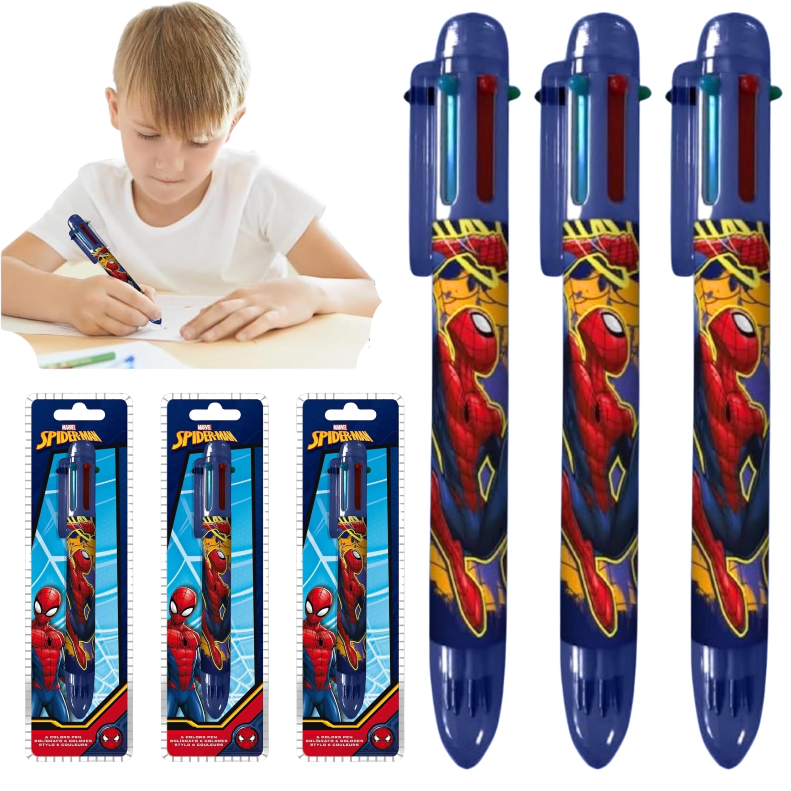 SRV Hub 3Pcs Spiderman 6-in-1 Retractable Ballpoint Pen โ Multicolor Ink Pen, 0.5 mm Fine Tip โ Smooth Writing School Supply for Kids & Superhero Fans