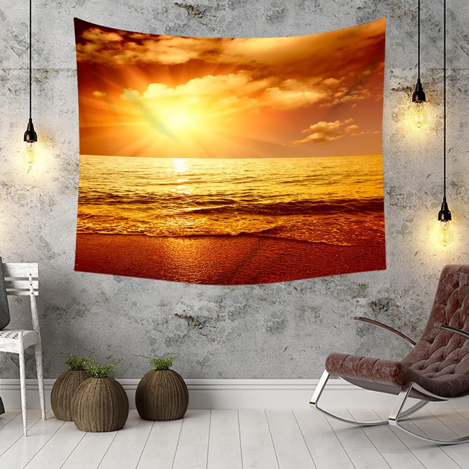 Tapiz para colgar en la pared, playa, 240 x 220 cm, diseño de amanecer, para dormitorio, salón, color amarillo