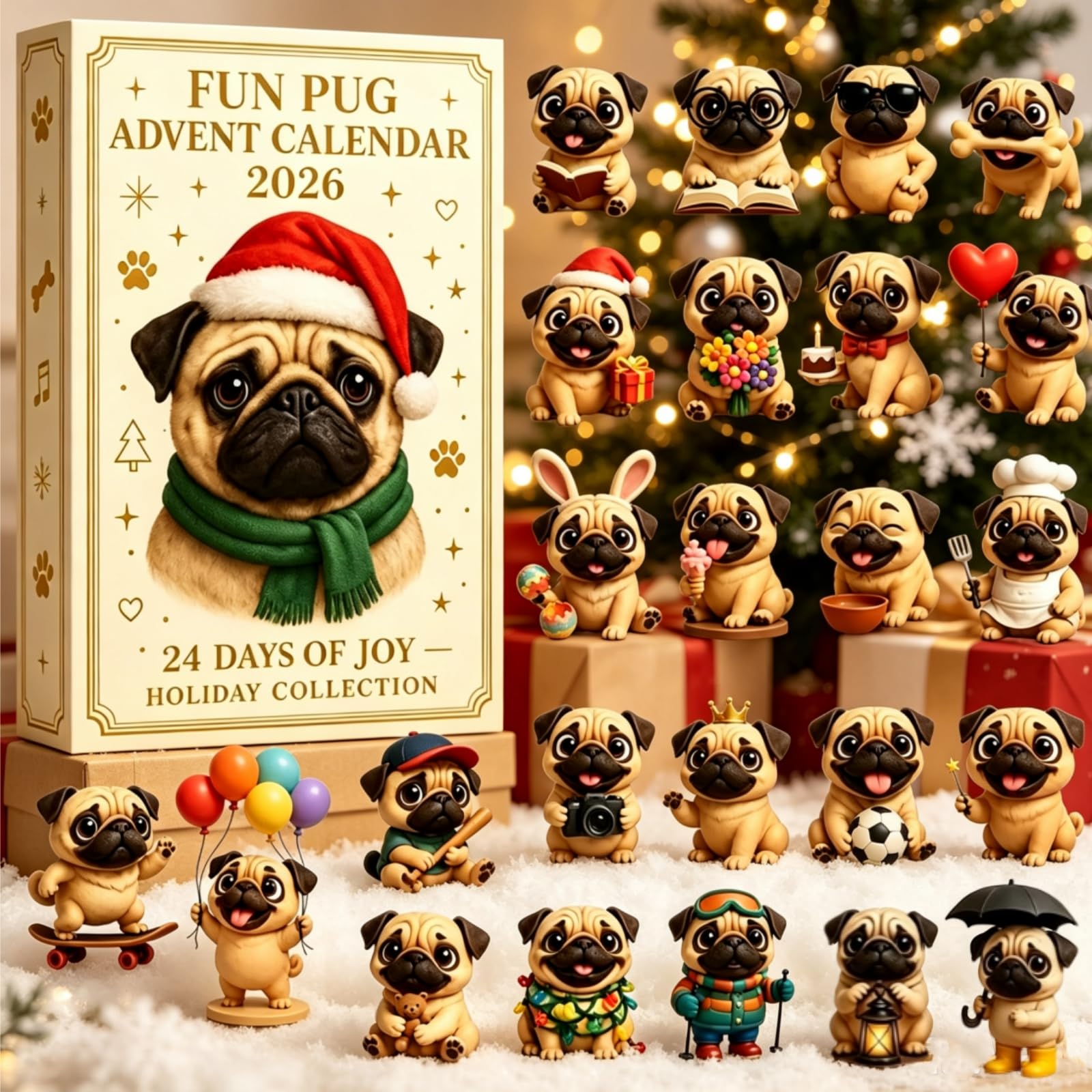 3D Fun Pug Christmas Advent Calendar 2026, 24-Day Xmas Countdown Calendar