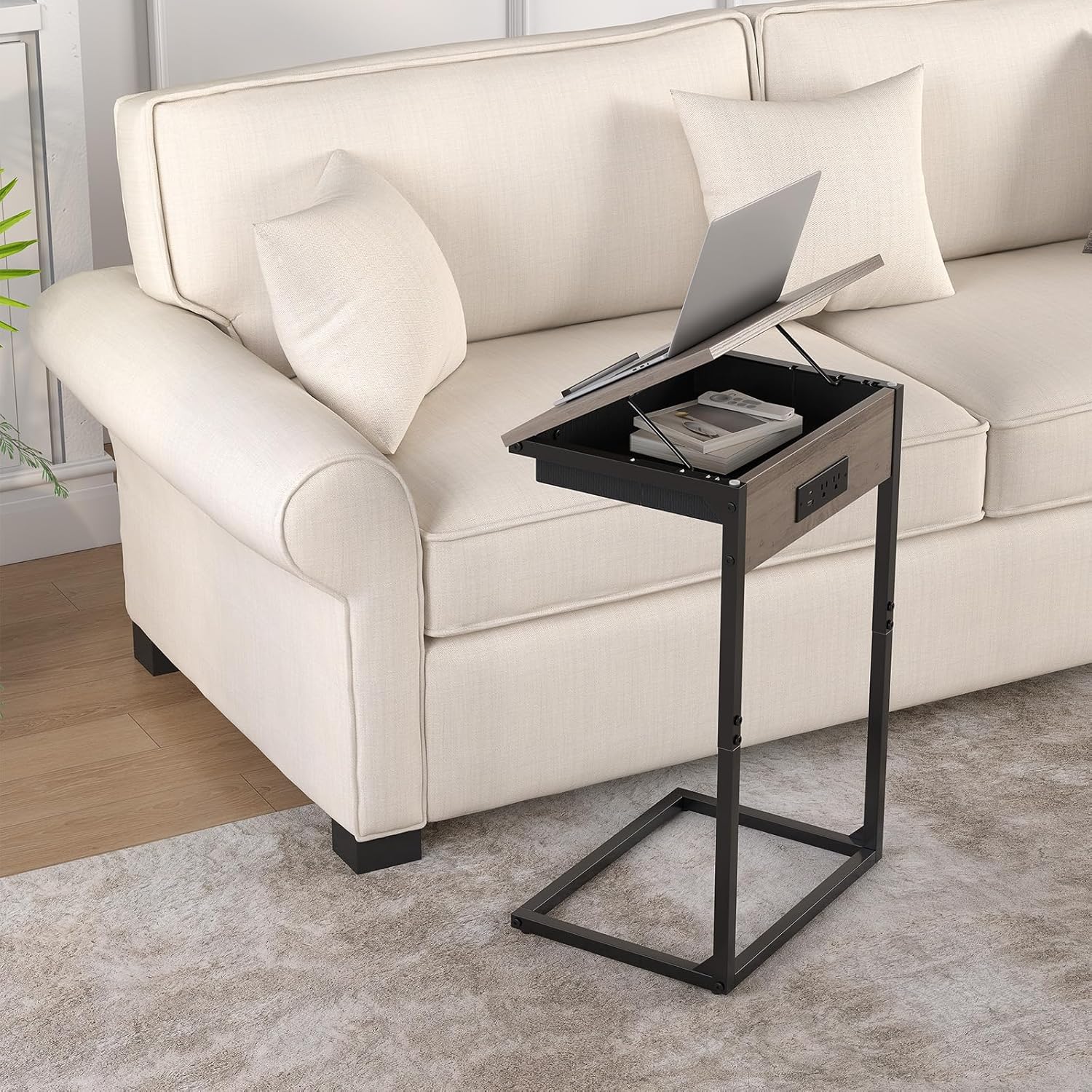 sthmec C Shaped End Tables with Charging Station, 45° Tiltable Adjustable Flip Top Side Table with Storage,Small C Table for Small Spaces,Slide Under Couch Sofa Bedside Tables for Living Room, Grey