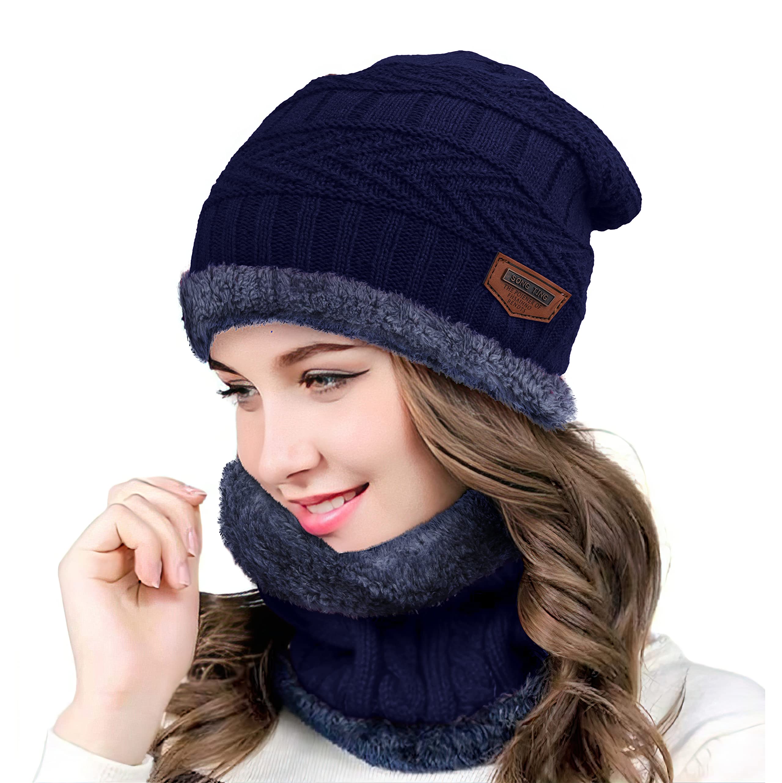 BEMALL Fabunik Woolen Casual Style Winter Cap For Women With Neck Muffler Warn Soft For Snow | Knit Beanie Cap Hat Neck Warmer Scarf Set For Women (2 Piece Set) (Blue)