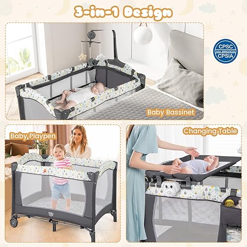 Miniatura 2 de BABY JOY 3 en 1 Pack and Play, Corralito Portátil para Bebé con Moisés, Mesa Cambiadora, Ruedas con Seguro, Caja de Música Luminosa, Cuna de Viaje