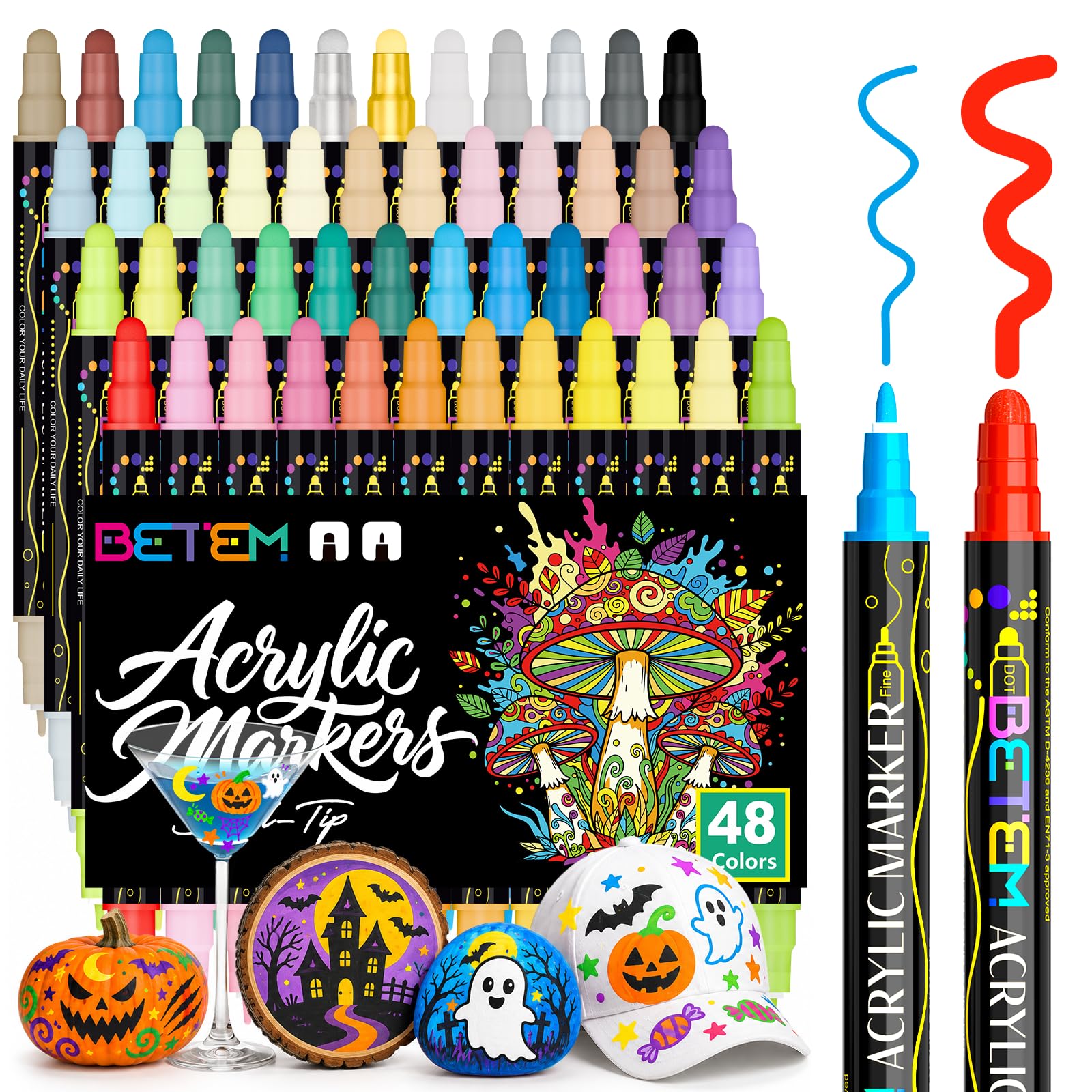 Betem48 Colors Dual Tip Acrylic Paint Markers, Fabric Decorating Kits | Acrylic Paint Pen…