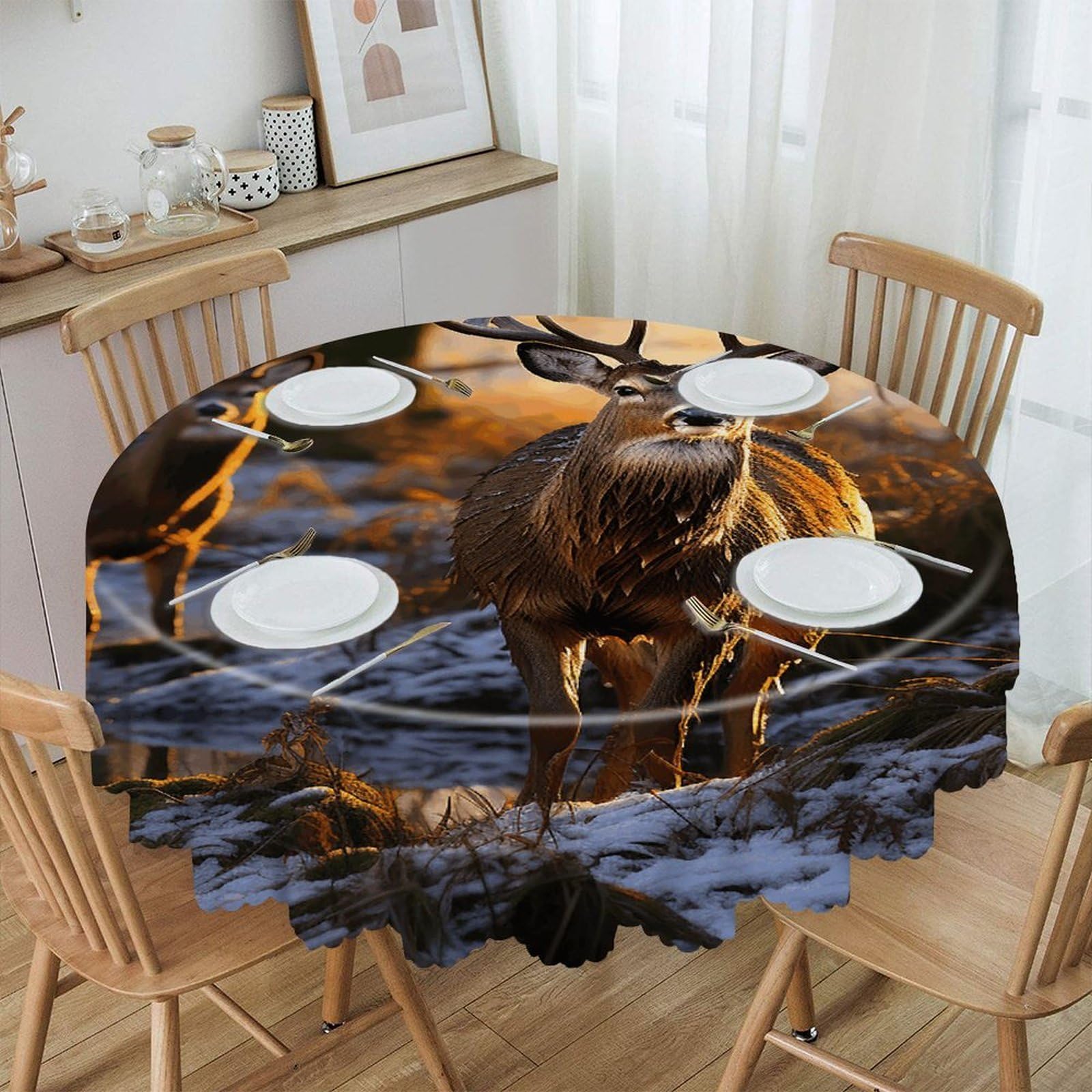 VstaDank Deers Picture Round Tablecloth Premium Polyester Table Cloth Heavy Duty Washable Fabric Tablecloth Waterproof Holiday Table Cover Decorative Tablecloths for Dining 60"