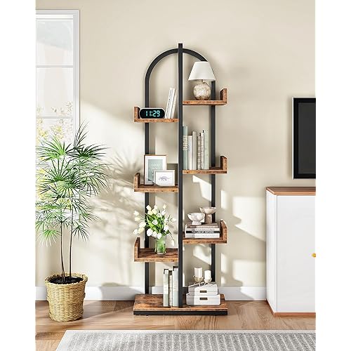 Corner Bookshelf, Curved 6-Tier Bookcase with Anti-Tip Kit, Adjustable Feet and Staggered Shelves for Living Room, Bedroom, Study, Office, Rustic Brown and Black TSJ06BF