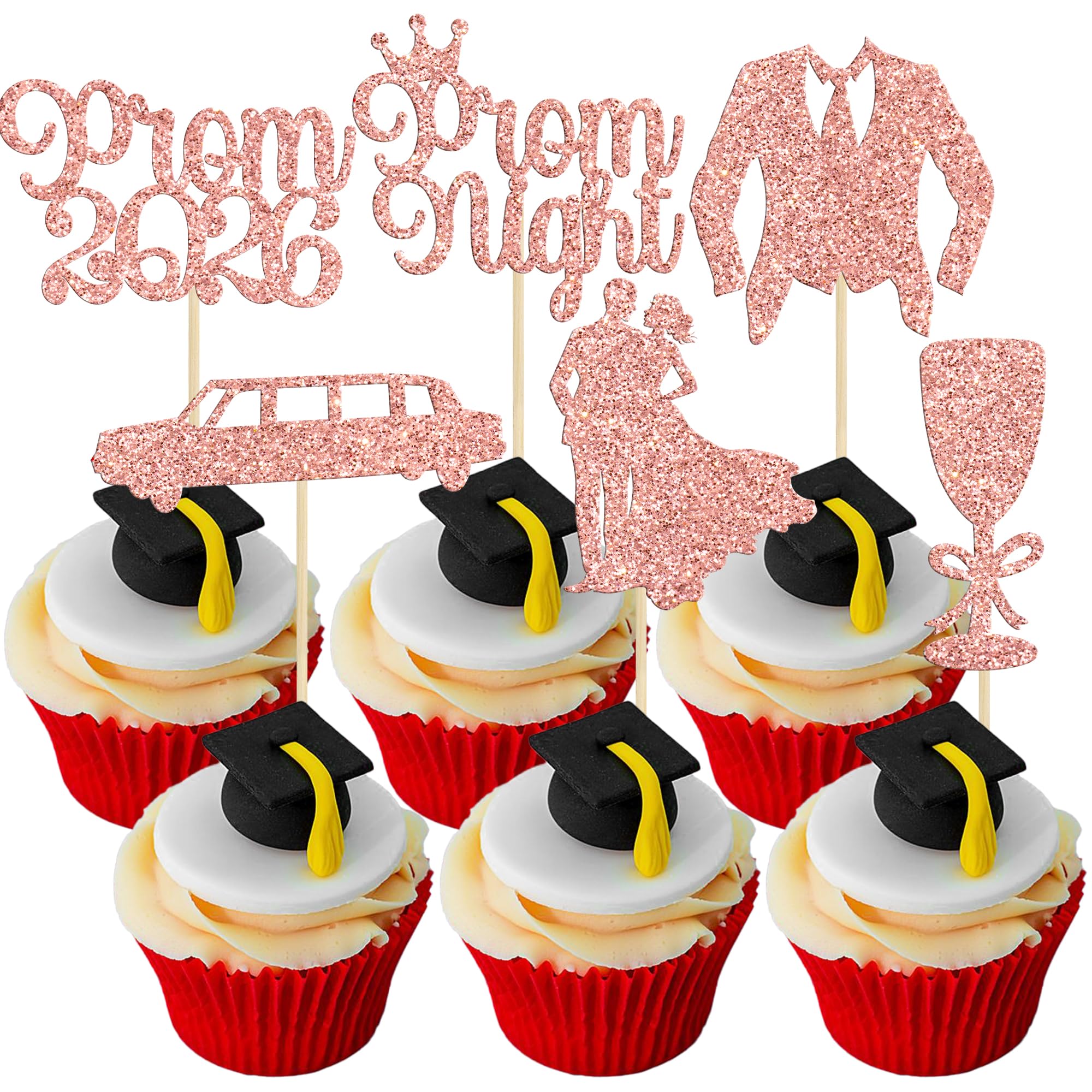Gyufise 24Pcs Prom Cupcake Topper Prom Decorations for Graduation Cupcake Topper 2026 Graduation Decorations Class of 2026 College Graduation Decorations Prom Party Decorations Rose Gold