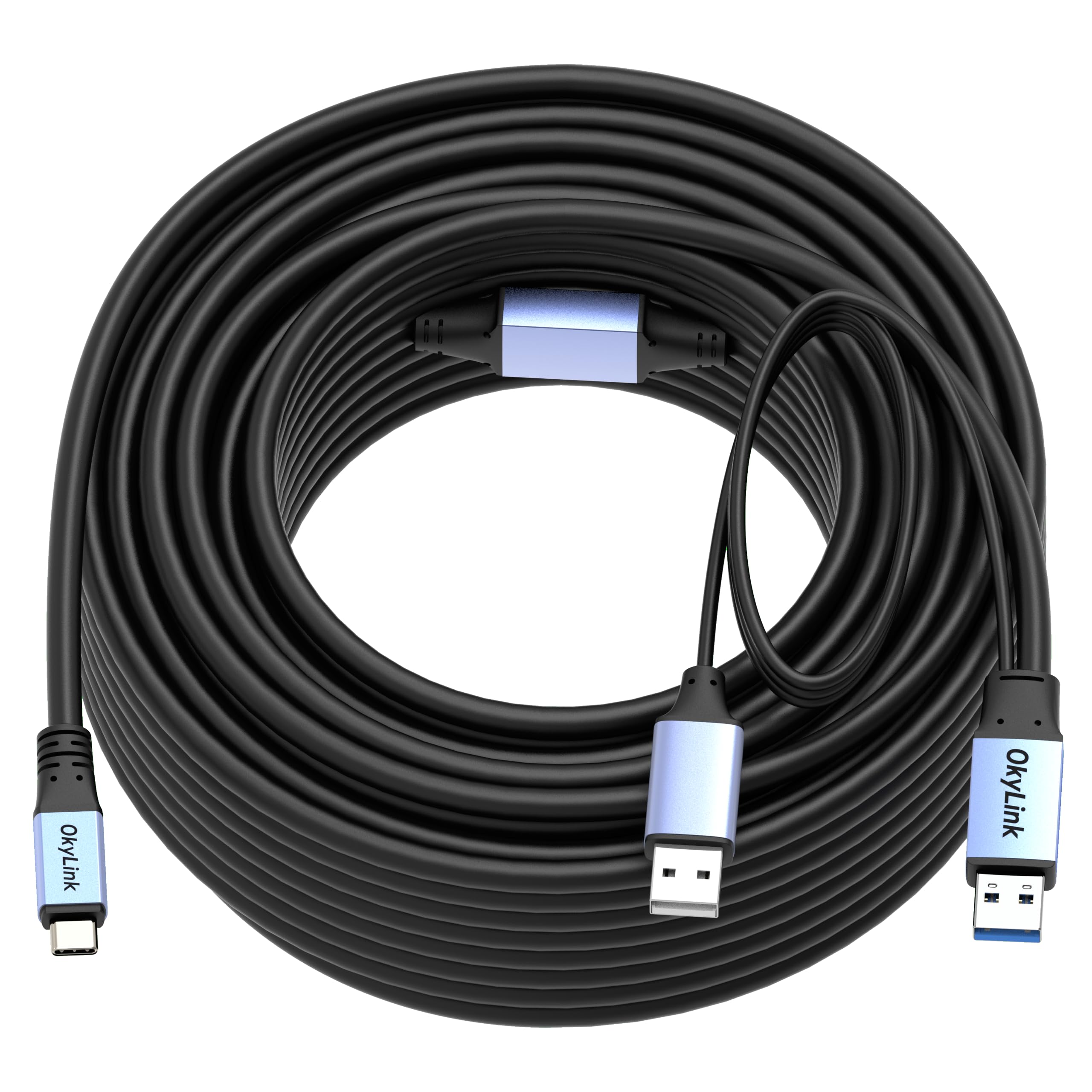 OkyLink Cable USB 3.0/3.2 Gen1 USB a USB C, macho a macho, cable de transferencia de datos, doble función de 5 Gbps con chip, apto para cámaras e impresoras. (5 Gbps, gris, 20 m)