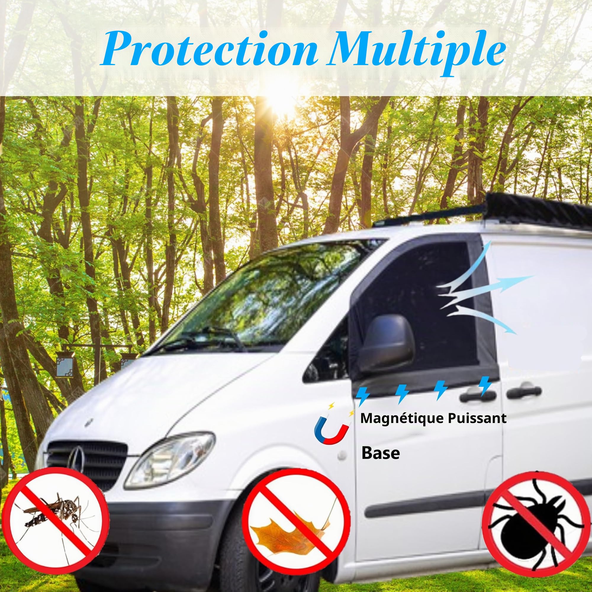 Écran de fenêtre magnétique de Voiture, 2 pièces Universel Moustiquaires Porte Avant Voiture Bloquer Les Rayons UV Pare-Soleil de fenêtre Avant élastique avec Sac Rangement pour Caravane Camping-Car