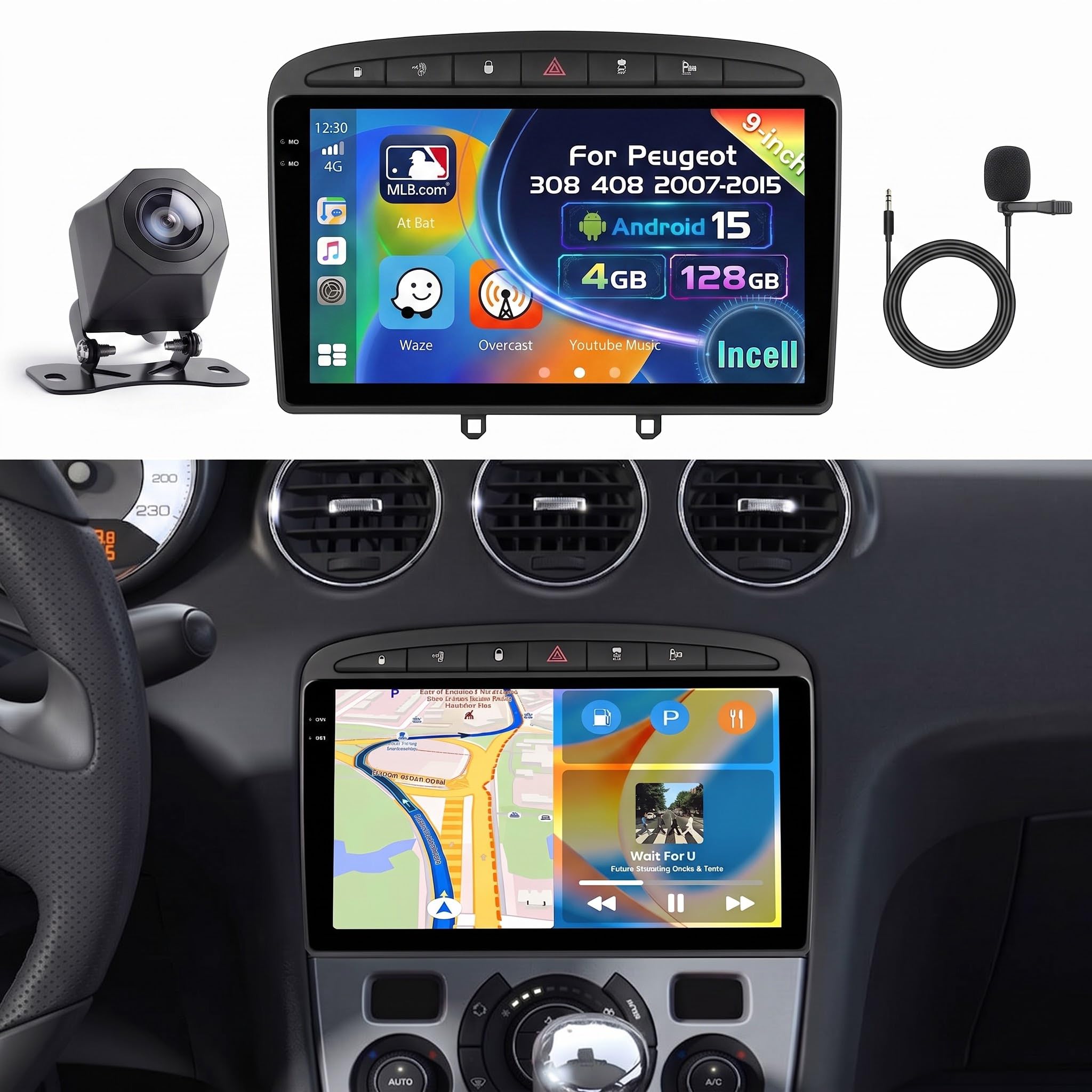 Inefala 4G+128G Android 15 Autoradio für Peugeot 308 408 2007-2015, 9" Touchscreen Radio mit Wireless CarPlay und Android Auto, GPS, WiFi, Bluetooth, RDS, FM, USB, SWC, Mikrofon, Rückfahrkamera