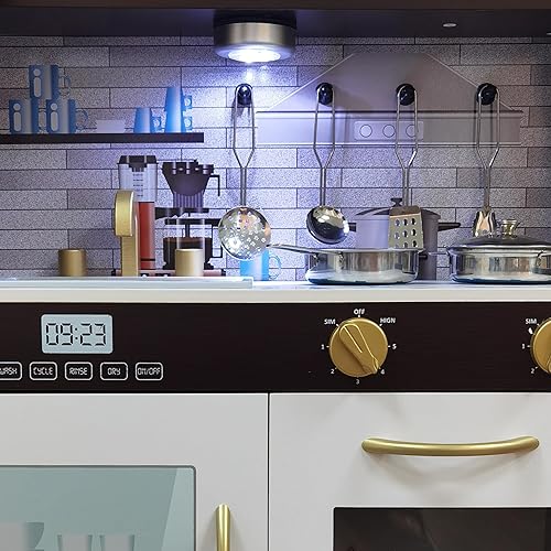 Miniatura 5 de Juego de juguetes de cocina de madera con luz, juego de cocina para niños, fregadero con grifo, horno, microondas, juego de utensilios de cocina