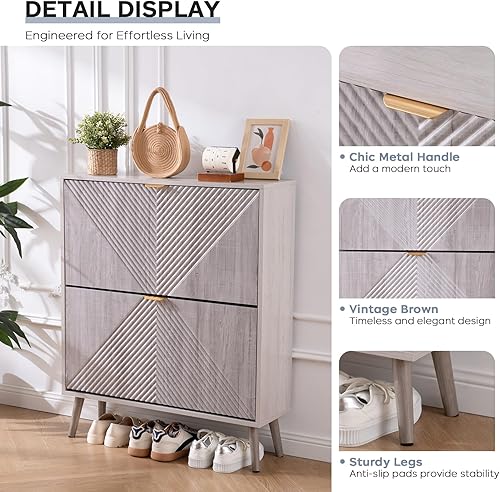 Miniatura 6 de Gabinete de zapatos con 2 cajones abatibles, armario de almacenamiento oculto de 31.5 pulgadas con panel estriado, organizador de zapatos