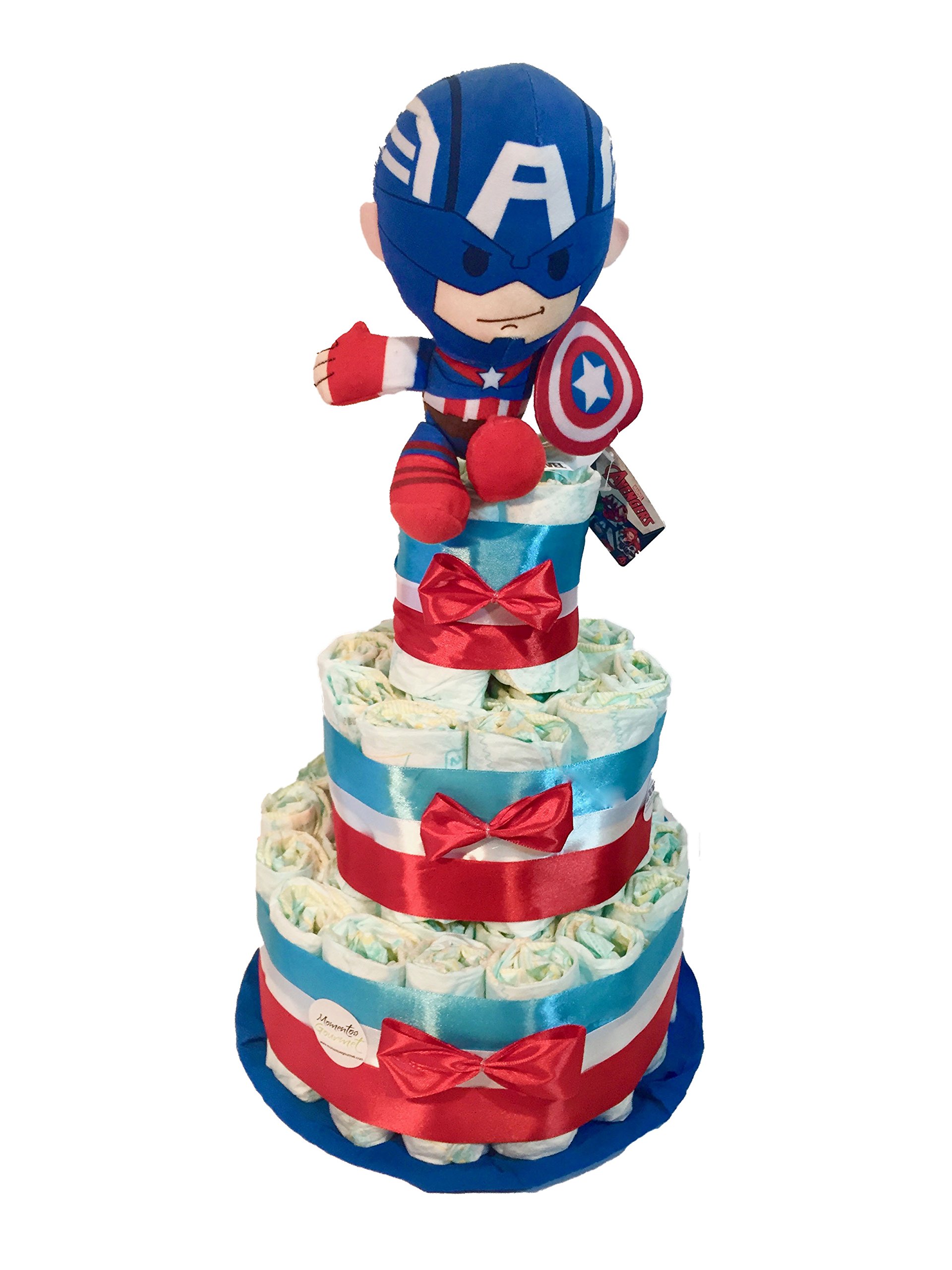 Tarta de pañales Capitan America (Talla 2 (3-6 kg)) by MomentosGourmet Añade tu dedicatoria personalizada. Regalo para bebé muy práctico. Cesta Canastilla recién nacido. Diaper Cake